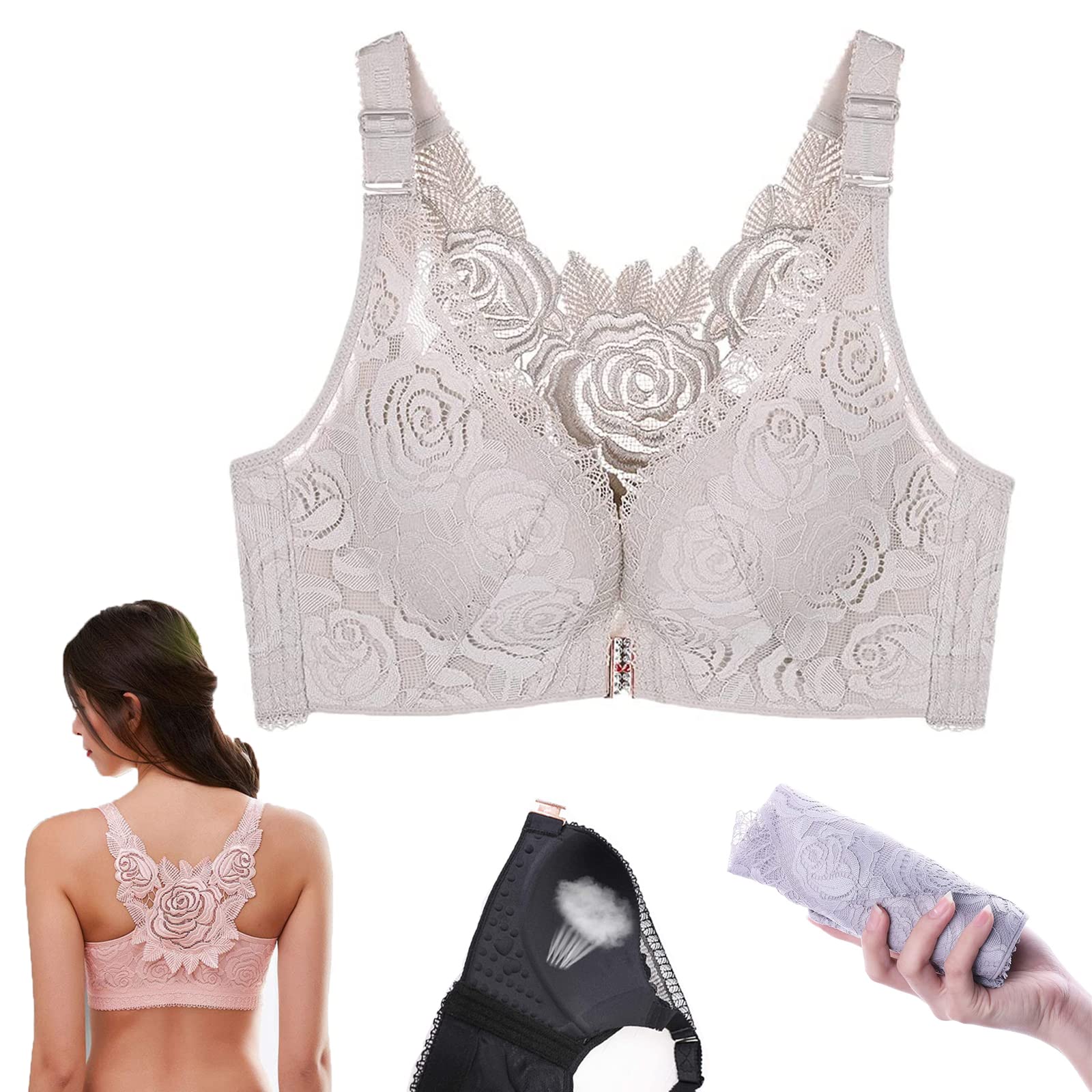 FitMe Rose Embroidery Front Closure Wireless Bra - Floral Lace Comfort Plus Size Women's Bras for Everyday Wear & Special Occasions