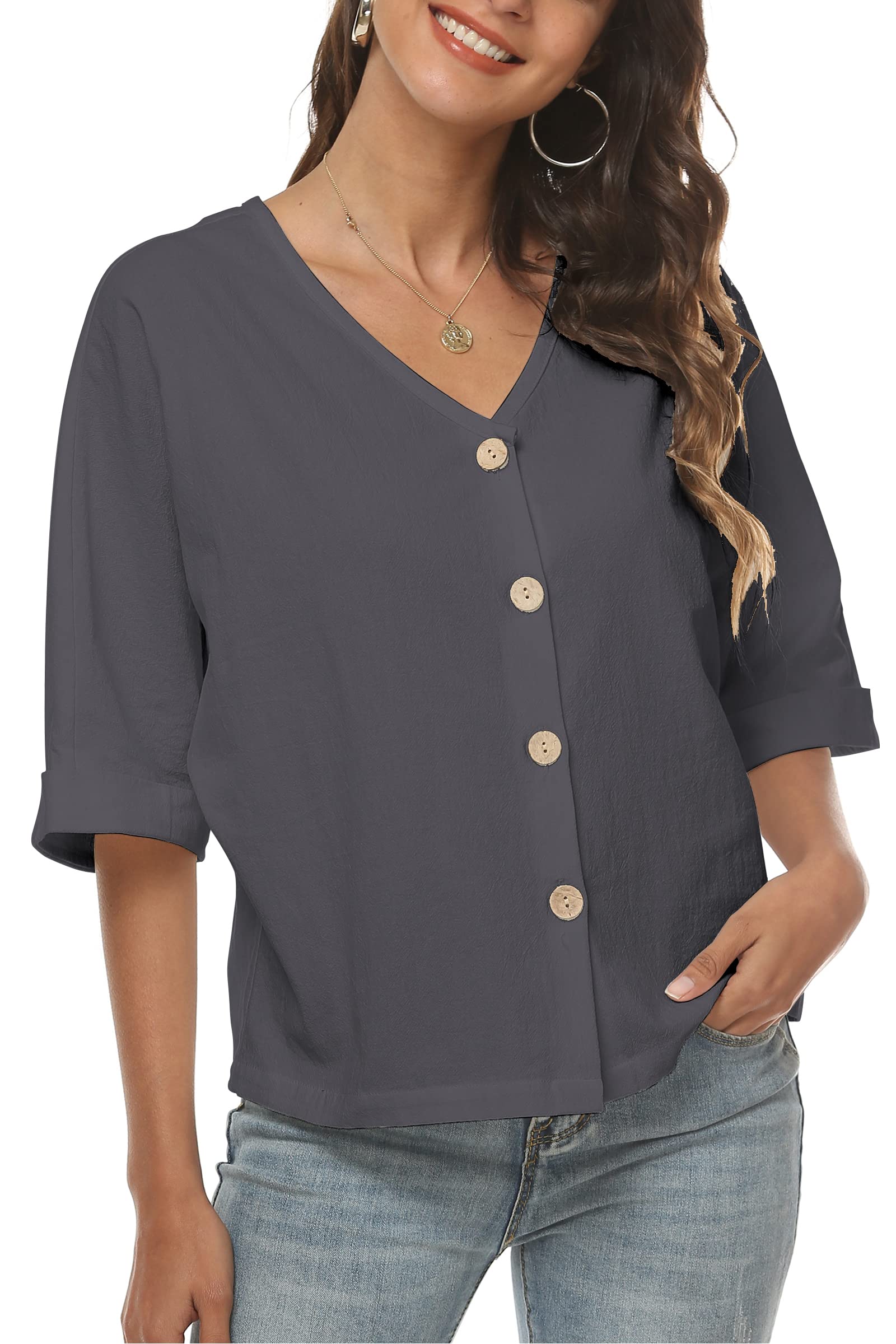 LNX Women's V-Neck Button Down Linen Shirt - Short Sleeve Casual Blouse for Summer | Breathable & Lightweight Top for Office, Beach & Everyday Wear