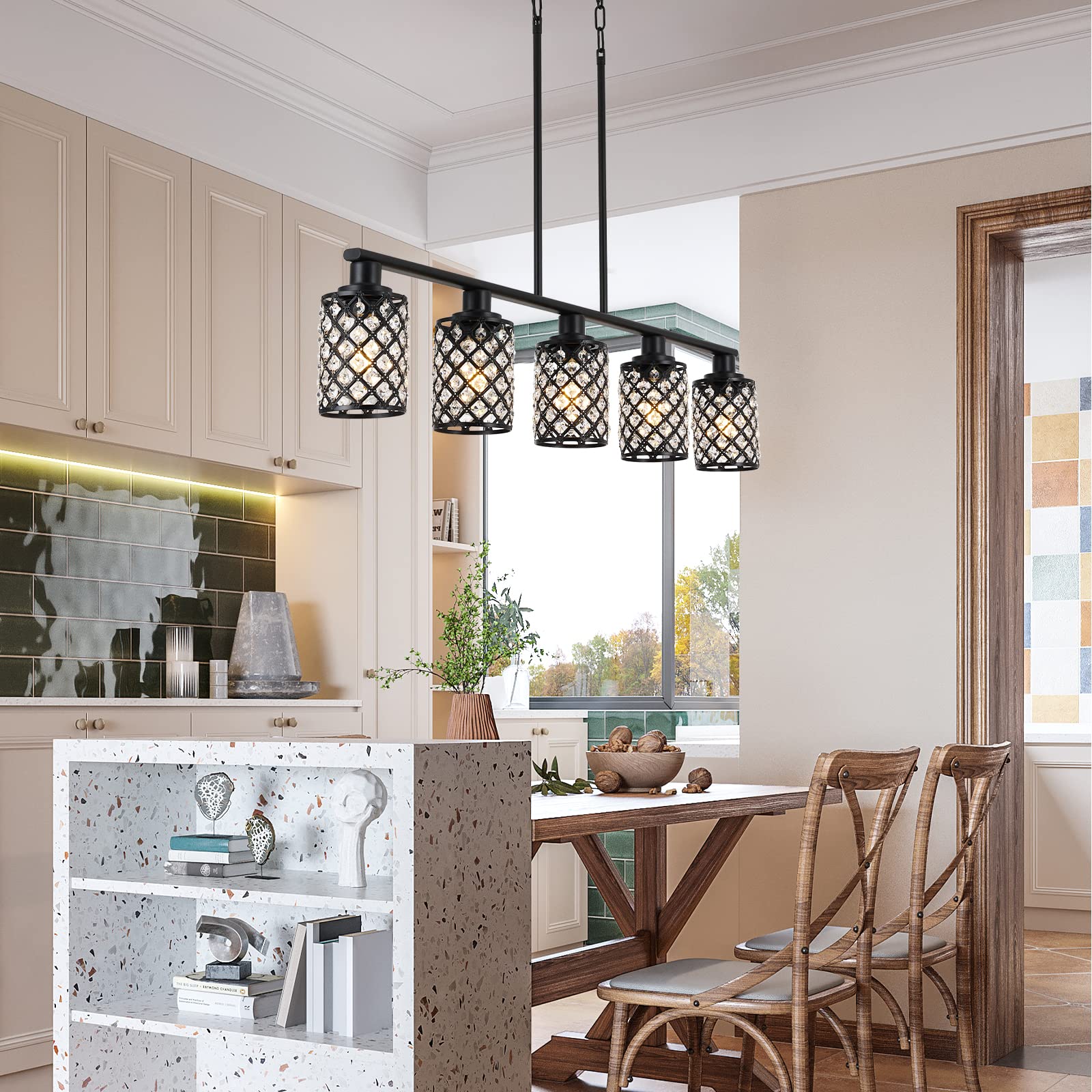 5-Light Black Linear Chandelier with Handmade Crystal Shade - Modern Kitchen Island Lighting & Dining Room Pendant Fixture for Tables | Perfect for Farmhouse, Contemporary Kitchens & Dining Areas