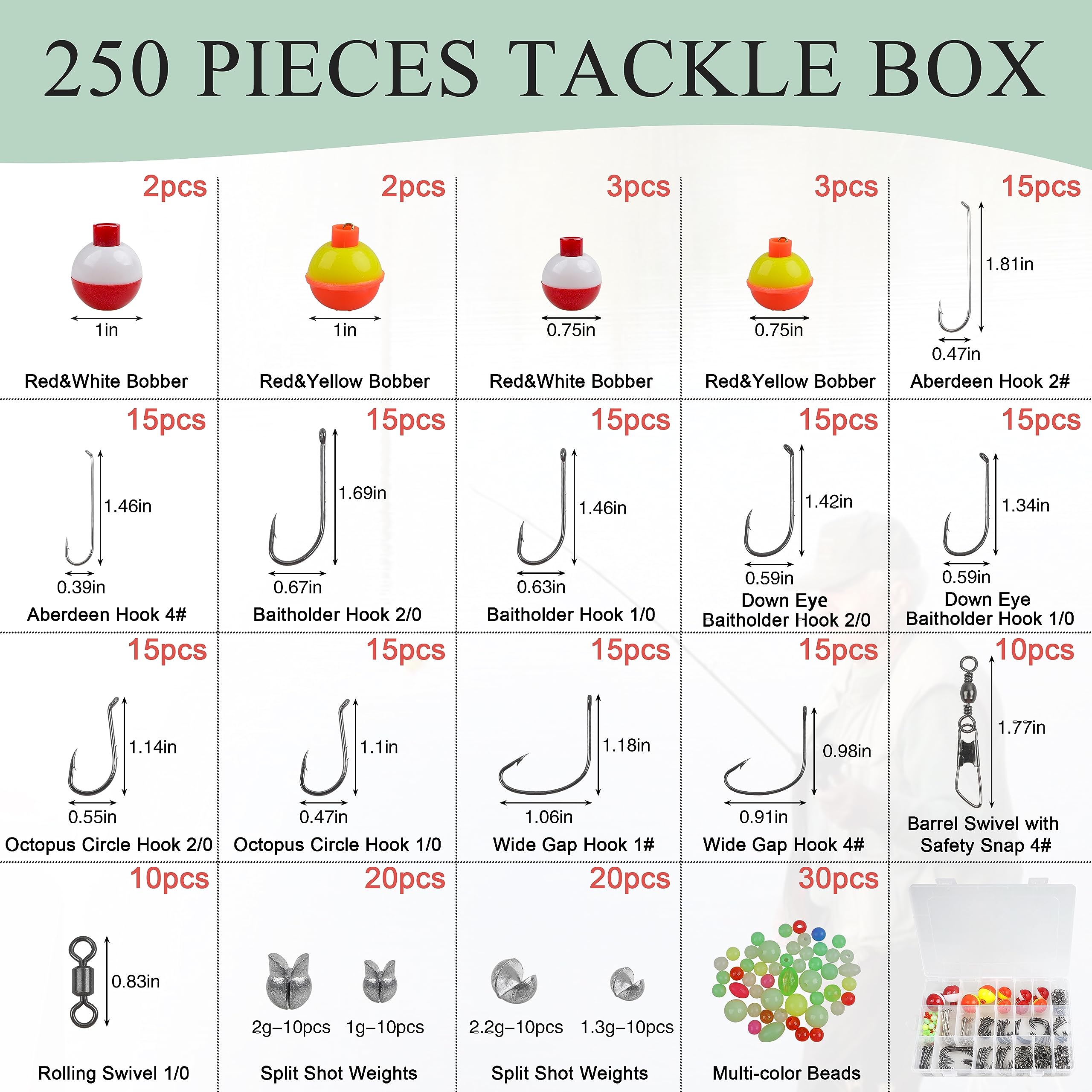 250pcs Fishing Tackle Kit with Octopus Circle Hooks, Baitholder Hooks & Bobbers - Complete Starter Set for Panfish, Catfish & Freshwater Fishing - Perfect for Beginners and Outdoor Enthusiasts