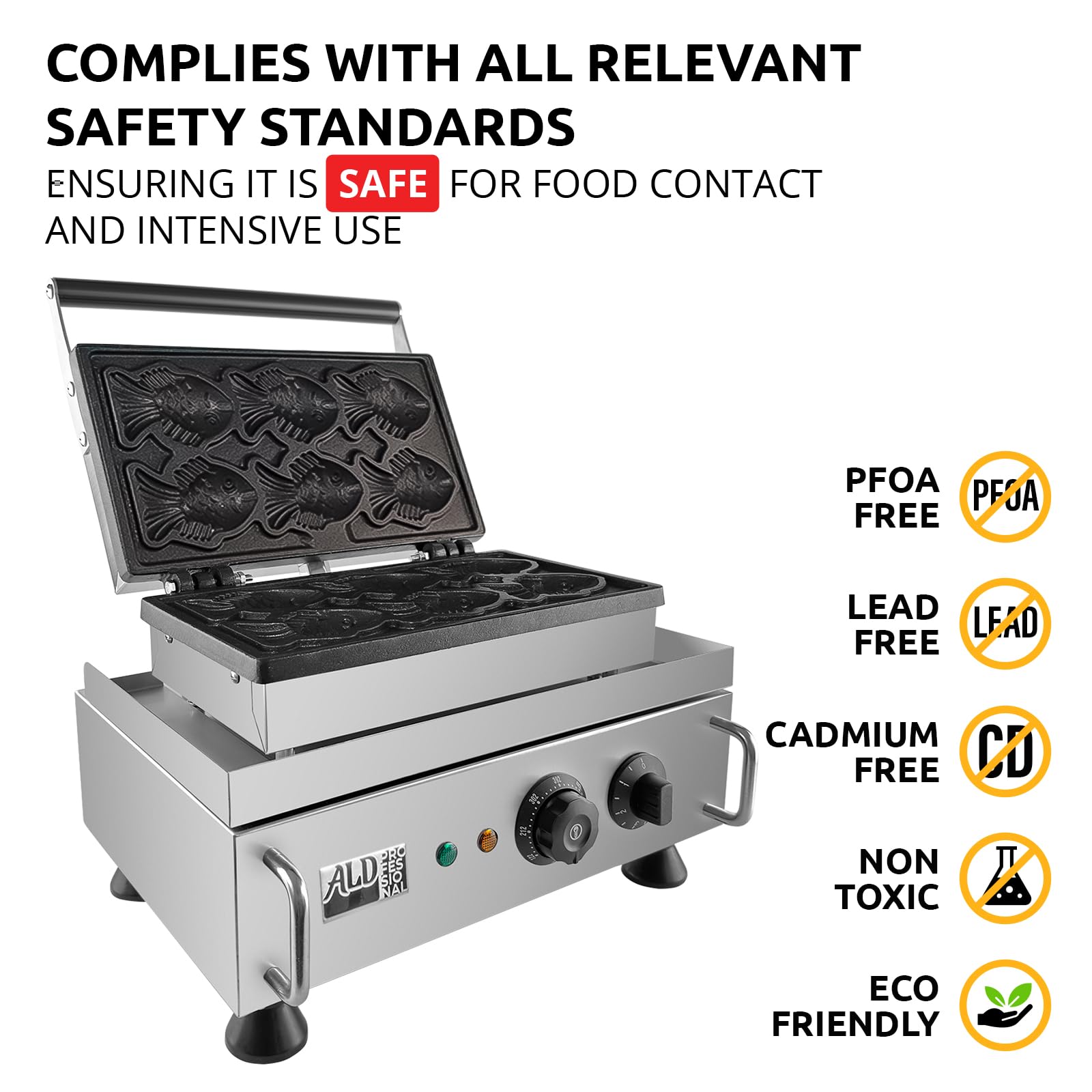 ALDKitchen Commercial Digital Taiyaki Fish Waffle Maker - 6-Cavity Non-Stick Gold Fish Pancake Machine 110V for Bubble Tea Shops, Asian Dessert Cafes & Home Breakfast (6 Mini Closed-Mouth Fish Molds)