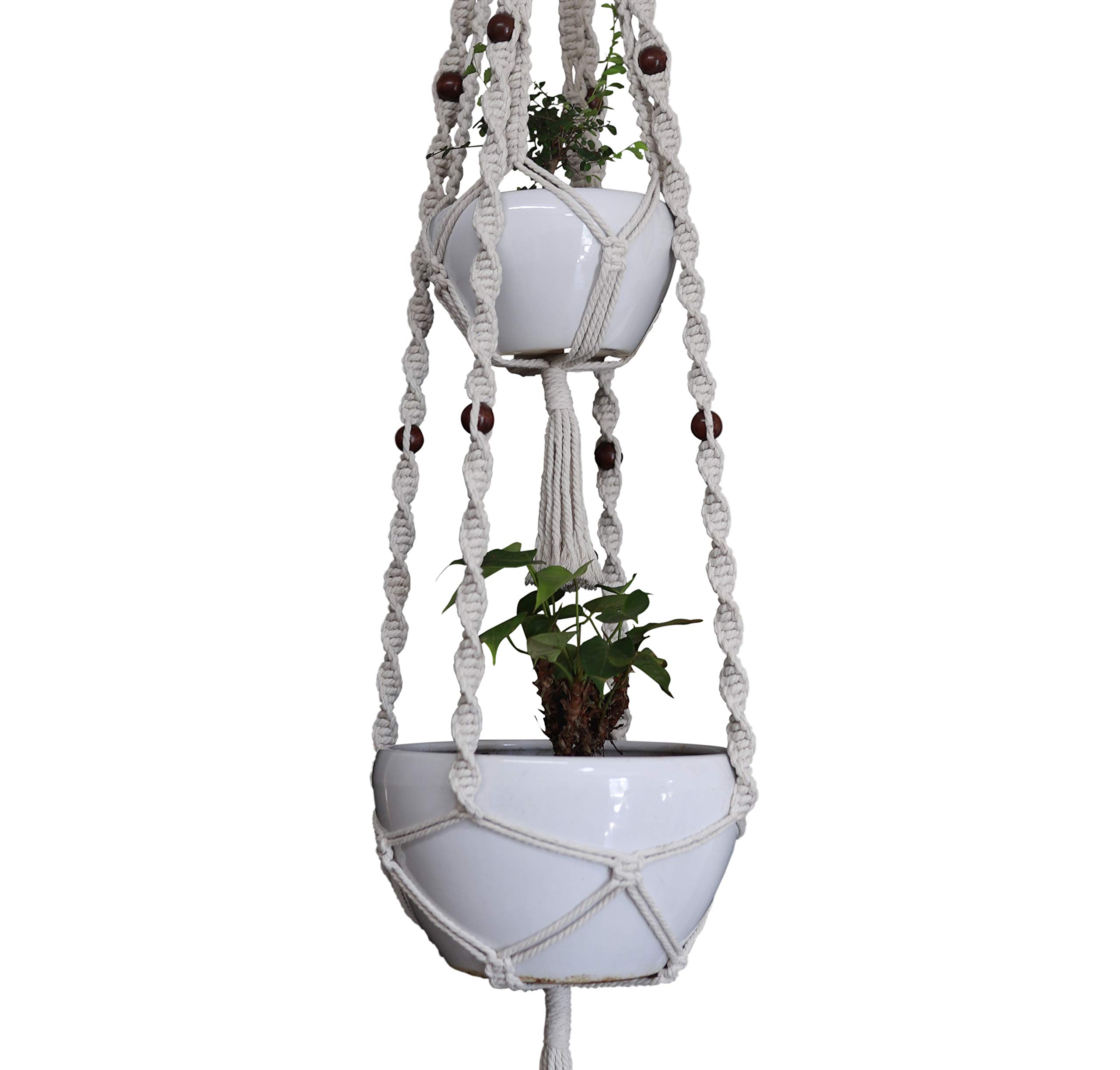 Macrame Plant Hanger with 4-Leg Double Deck Design - Holds Two 8-12 Inch Pots - 68 Inch Hemp Rope Hanging Planter Basket for Indoor & Outdoor Use (Ivory White) - Perfect for Boho Home Decor, Balcony Gardens, and Living Room Plant Displays