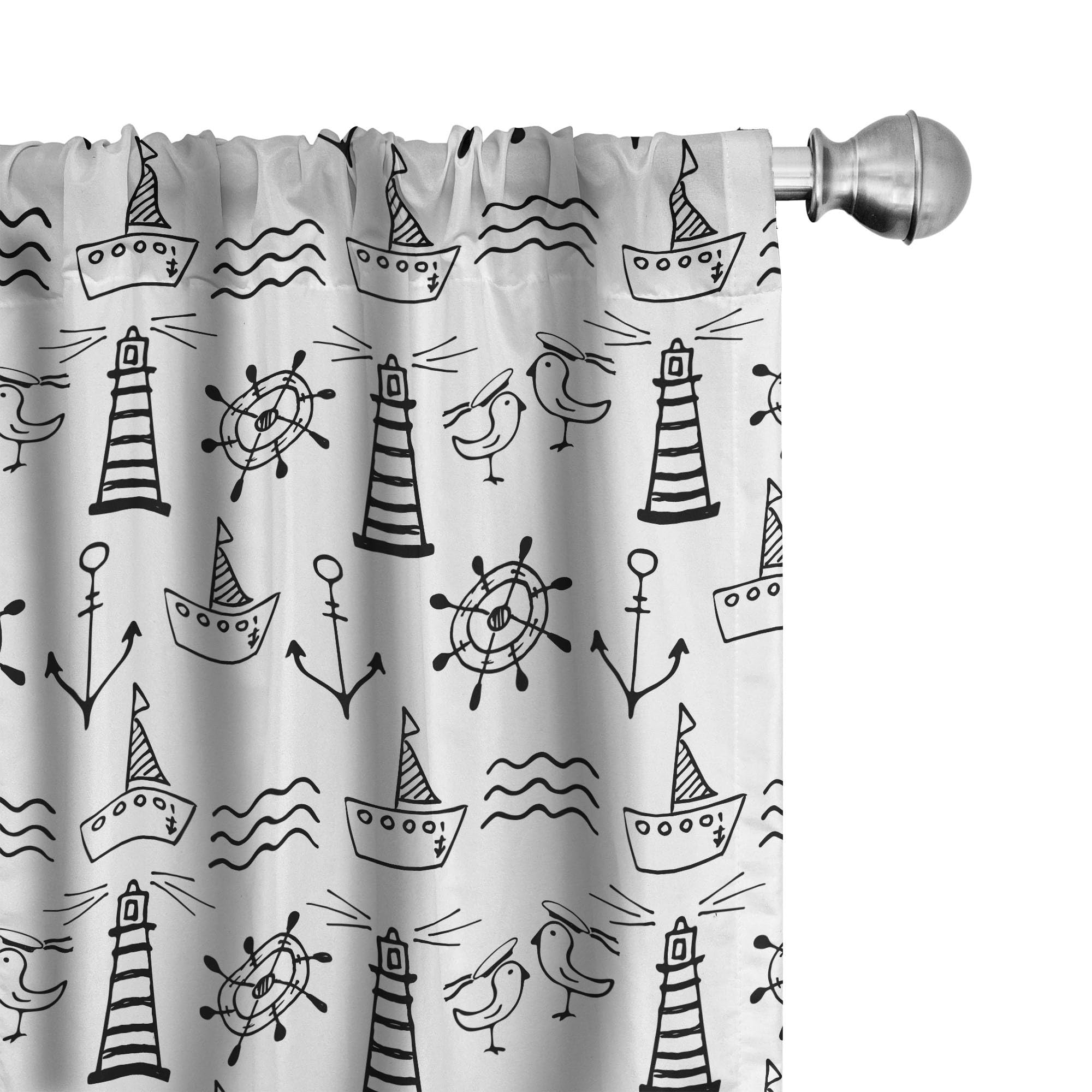 Ambesonne Nautical Window Curtains - Black & White Lighthouse Doodle Design with Marine Elements, Waves, Boats & Birds - Lightweight 2-Panel Set with Rod Pocket (28