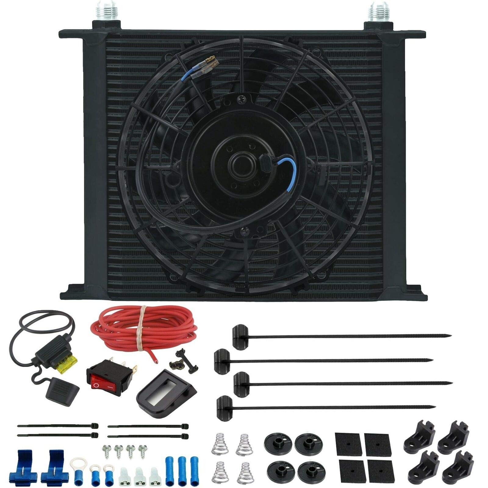 34 Row 10AN Hose Line Fittings Kit for Engine & Automatic Transmission Oil Cooler with Electric Cooling Fan & Manual Toggle Switch - Complete Heavy Duty Wiring Kit for Towing, Racing & Off-Road Vehicles