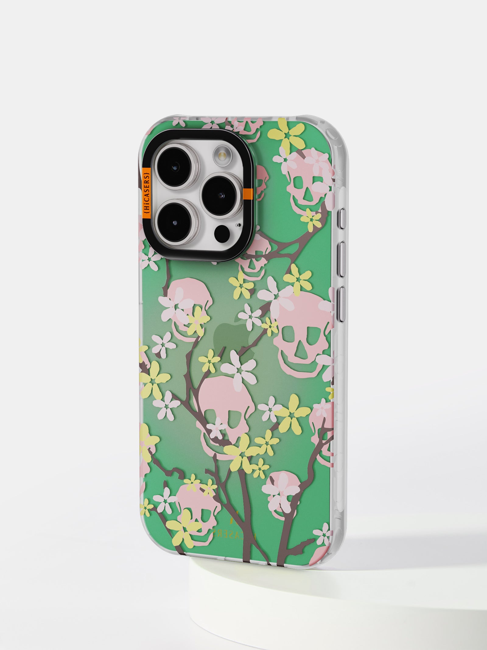 Cherry Blossoms and Skulls Iridescent Phone Case - Green | Trendy Protective Cover for iPhone & Samsung | Perfect for Spring Fashion & Gothic Style Lovers