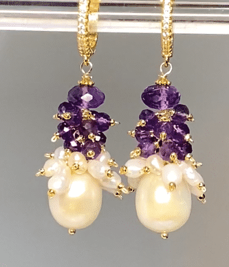 Natural Amethyst Cluster & Ivory Baroque Pearl Drop Earrings for Women - Elegant Boho Jewelry for Weddings, Parties & Special Occasions