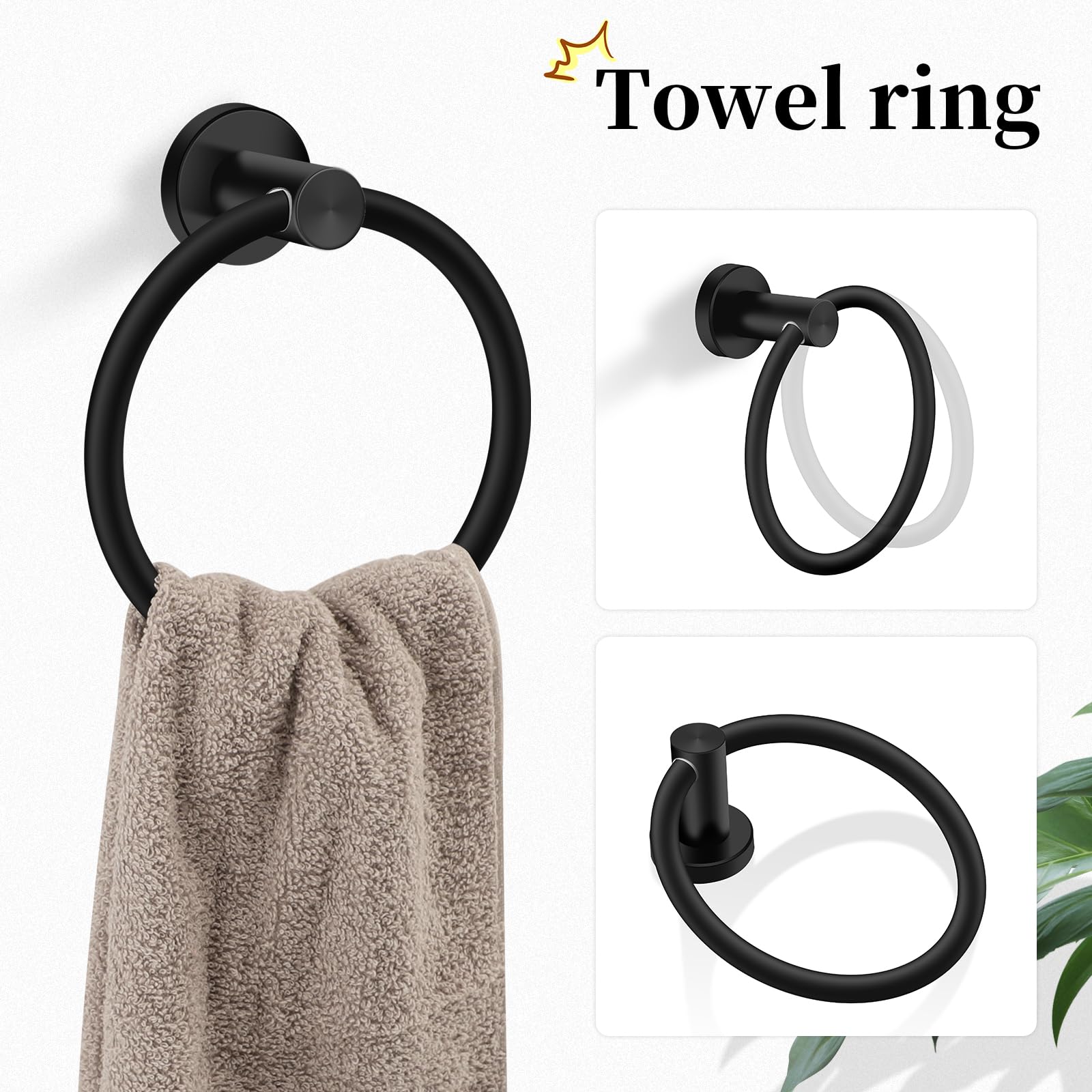 Premium Matte Black Bathroom Hardware Set - 5-Piece Stainless Steel Towel Bar (24 Inch), Toilet Paper Holder & Towel Ring Set - Modern Black Bathroom Accessories Kit for Home, Hotel & Spa Decor