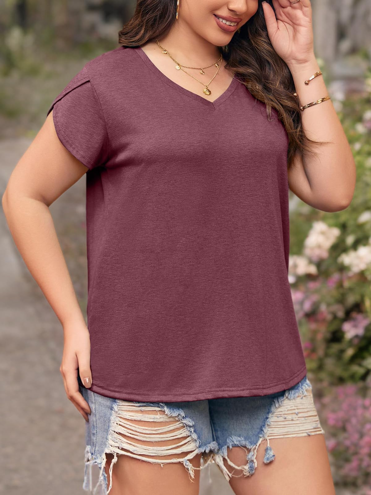 Plus Size Women's V-Neck T-Shirts - Casual Loose Fit Petal Sleeve Tee for Everyday Wear | Perfect for Work, Weekend & Summer Outfits