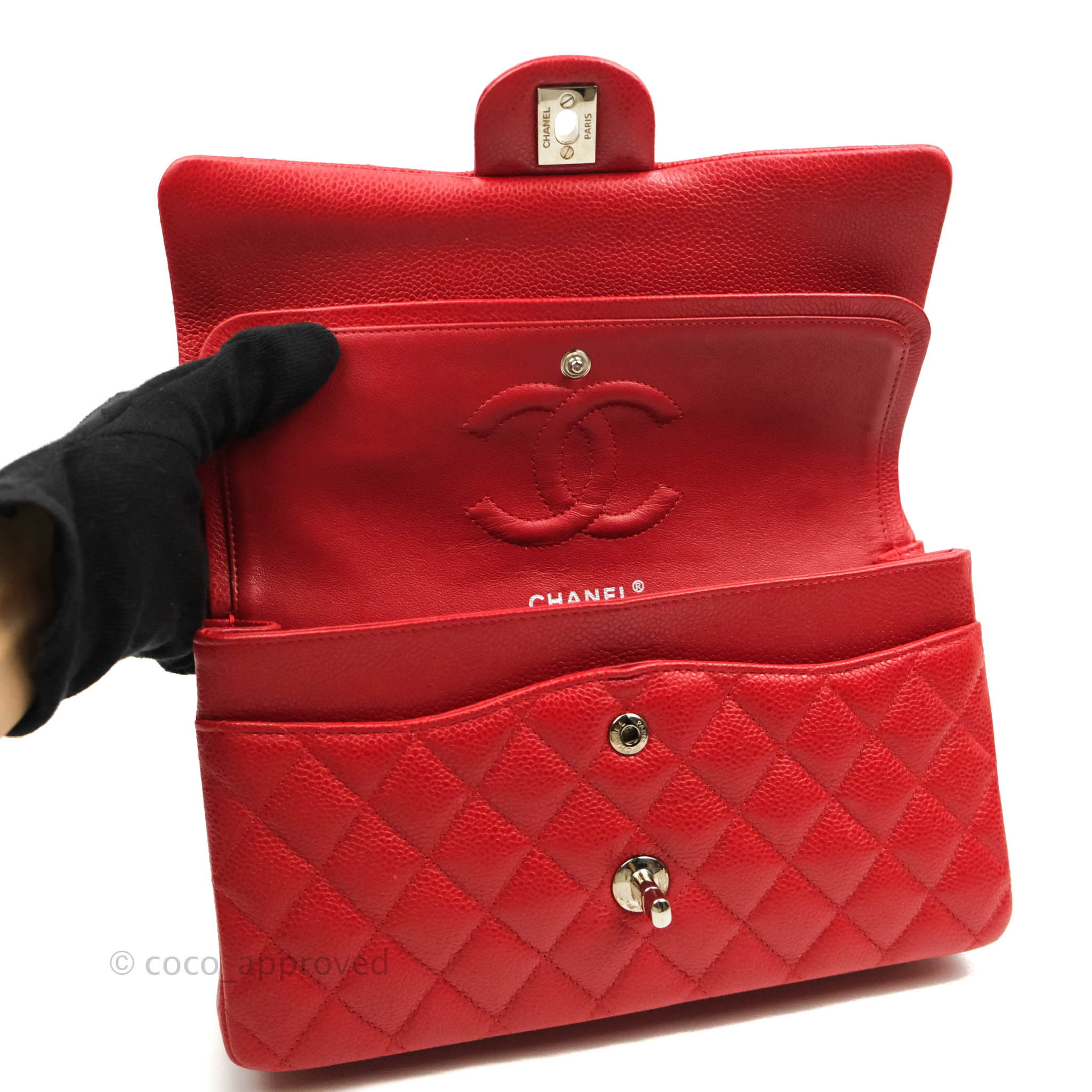 Chanel Classic Medium Double Flap Bag in Red Caviar Leather with Silver Hardware - Perfect for Work, Evening Events & Luxury Gift Giving