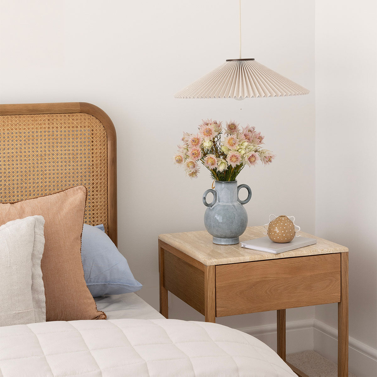 Modern Avalon Travertine Bedside Table - Natural Stone Nightstand with Drawer - Perfect for Bedroom, Guest Room & Hotel Decor