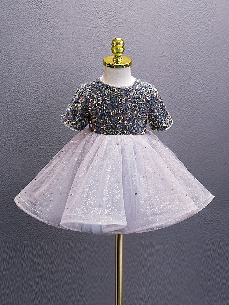 Lilac A-Line Round Neck Tea-Length Tulle Flower Girl Dress for Weddings & Special Occasions