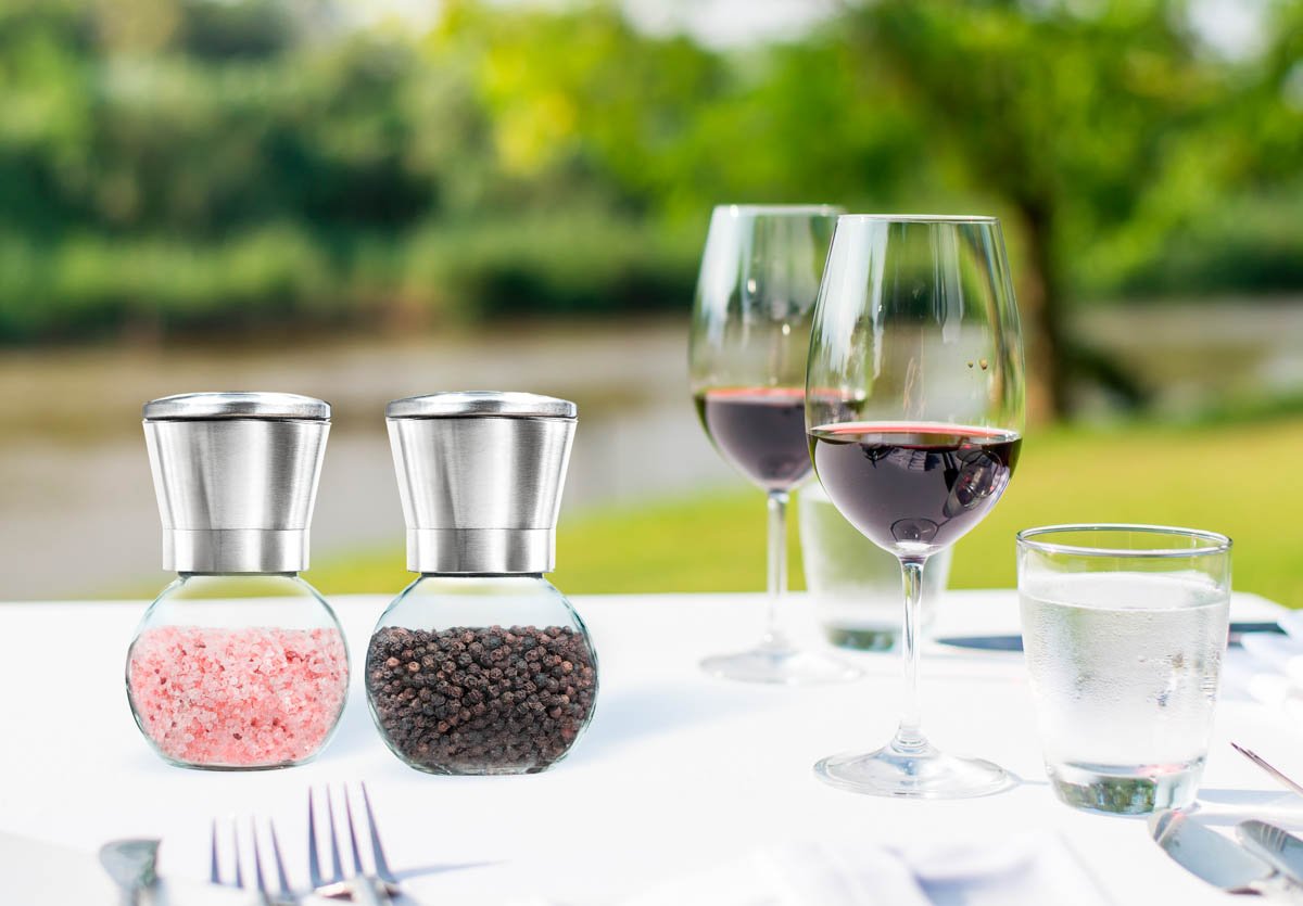 Premium Stainless Steel Salt and Pepper Grinder Set of 2 - Adjustable Ceramic Rotor, Glass Body, Brushed Finish for Kitchen & Dining | Perfect for Home Cooking, Restaurants, and Gift Giving