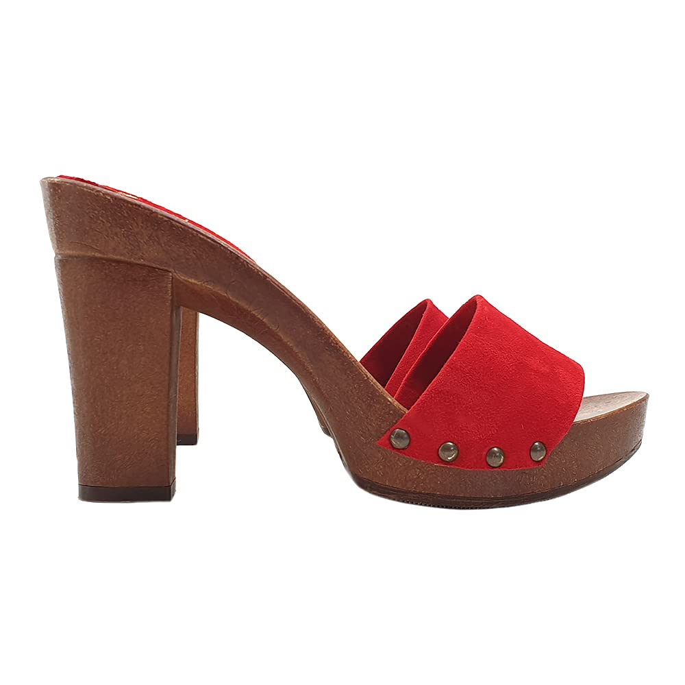 Red Suede Clogs with 10cm Heel - MY810 CAM ROSSO (US Size 5, Red) | Comfortable Women's Shoes for Casual Wear, Office & Outdoor Activities