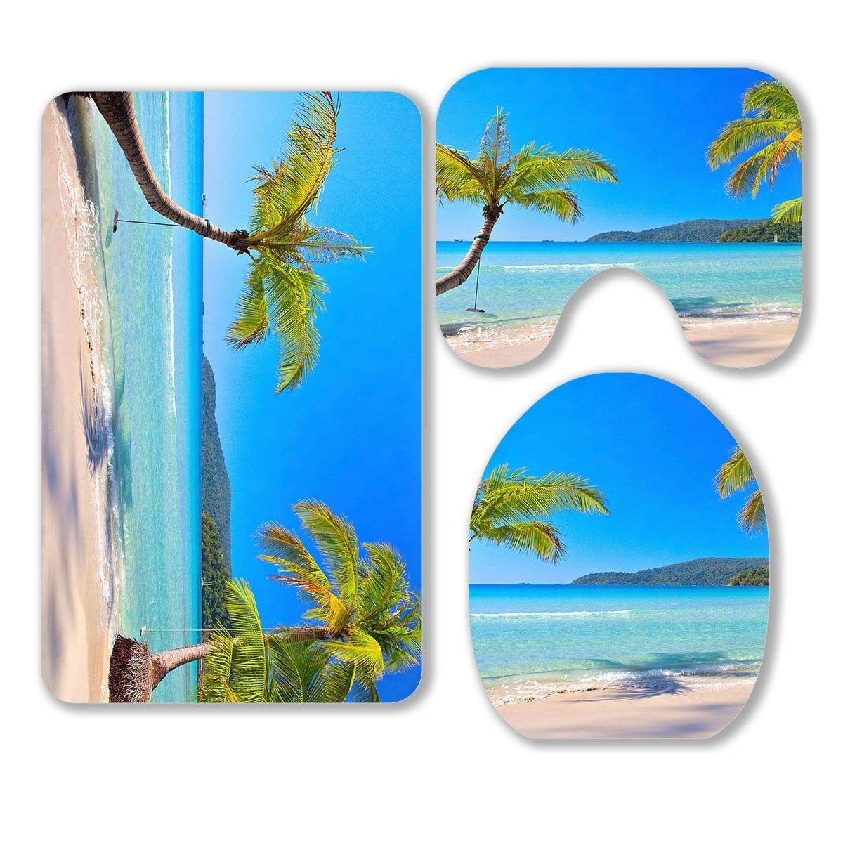 Sunny Tropical Beach 3-Piece Bathroom Rug Set - Non-Slip Bath Mat, Contour Mat & Toilet Lid Cover - Coastal Decor for Beach House, Vacation Home or Tropical Bathroom Theme
