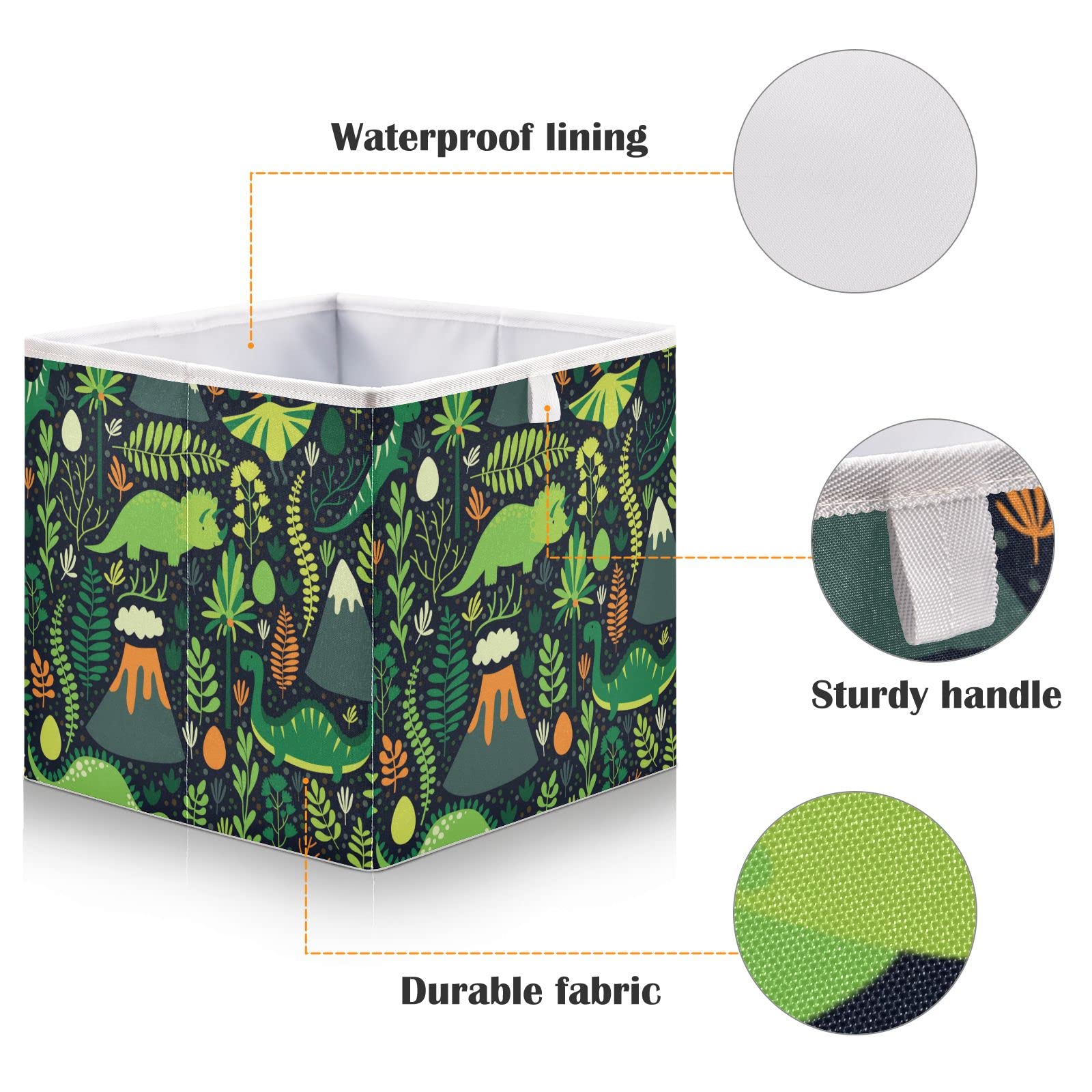 Handmade Dinosaur Pattern Foldable Fabric Storage Bins with Handles - 11x11x11 Inch Waterproof Closet Organizer for Bedroom, Kids Room & Office - Space Saving Home Organization Solution for Toys, Books & Supplies