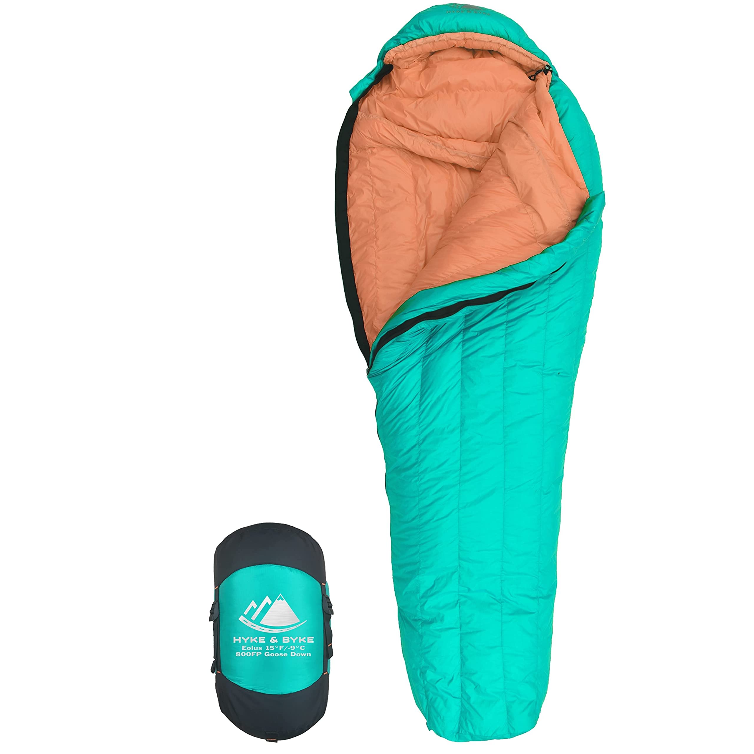Hyke & Byke Eolus 15°F 3-Season Ultralight 800FP Goose Down Sleeping Bag for Hiking & Backpacking - Black/Clementine - 78in Regular - Perfect for Camping, Backpacking & Outdoor Adventures