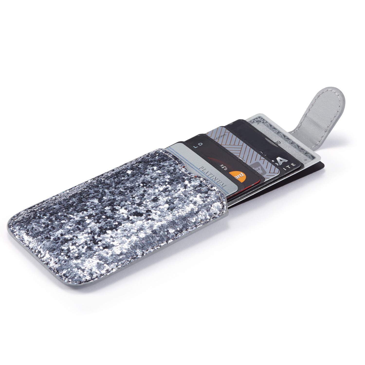 Glitter Silver RFID Blocking Stretchable Phone Card Holder - Adhesive Wallet for iPhone 16/15, Galaxy S24 Ultra/Note 20, A55/A74 - Stick-on Credit Card & ID Pouch (Perfect for Shopping, Travel & Hands-Free Convenience)