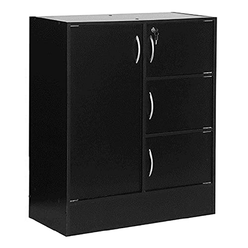 Pemberly Row 4-Door 3-Shelf Black Wooden Bookcase - Multipurpose Storage Organizer for Living Room, Office & Bedroom | Stylish Bookshelf for Home Decor & Book Storage