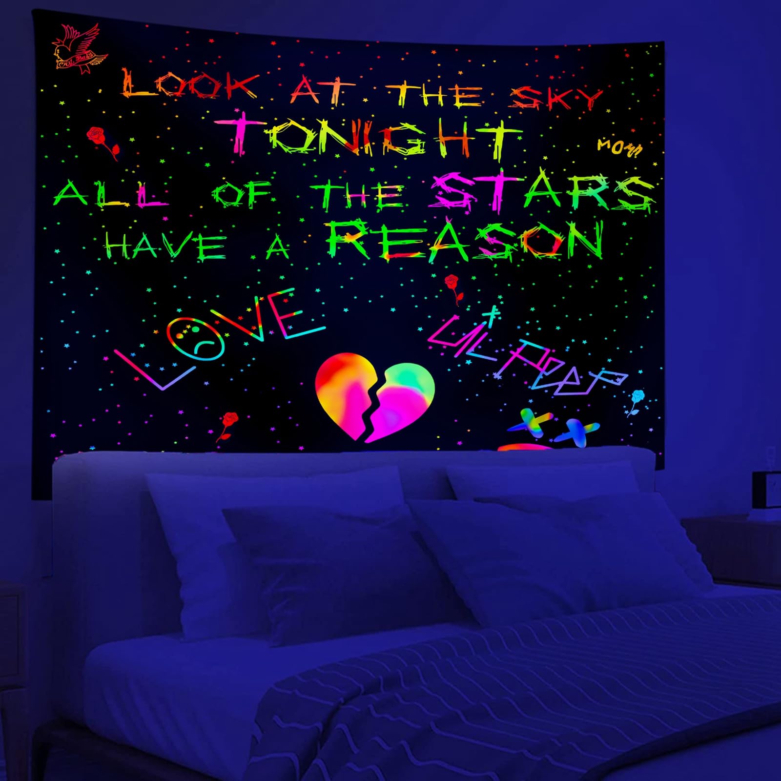 PSYHILAR Blacklight Lil Peep Tapestry - 60 x 50 Inch UV Reactive Wall Hanging for Bedroom & Dorm Decor - Black Light Posters for Adults Featuring 'Look At the Sky Tonight' Rapper Art - Perfect for Music Lovers, Room Aesthetics & Glow Party Decorations