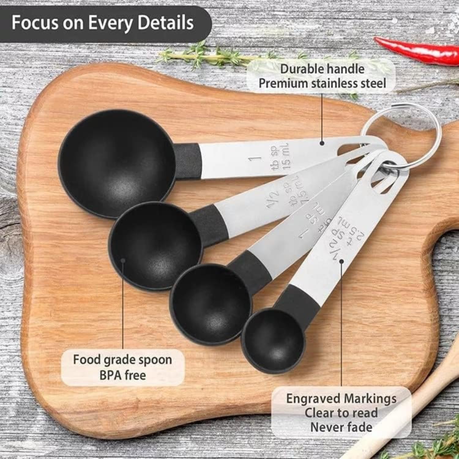 MobFest® 8-Piece Stainless Steel Measuring Cups and Spoons Set - Food Grade, BPA Free, Engraved Measurements, Dishwasher Safe, Rustproof & Odorless - Perfect for Baking, Cooking & Meal Prep (Black)
