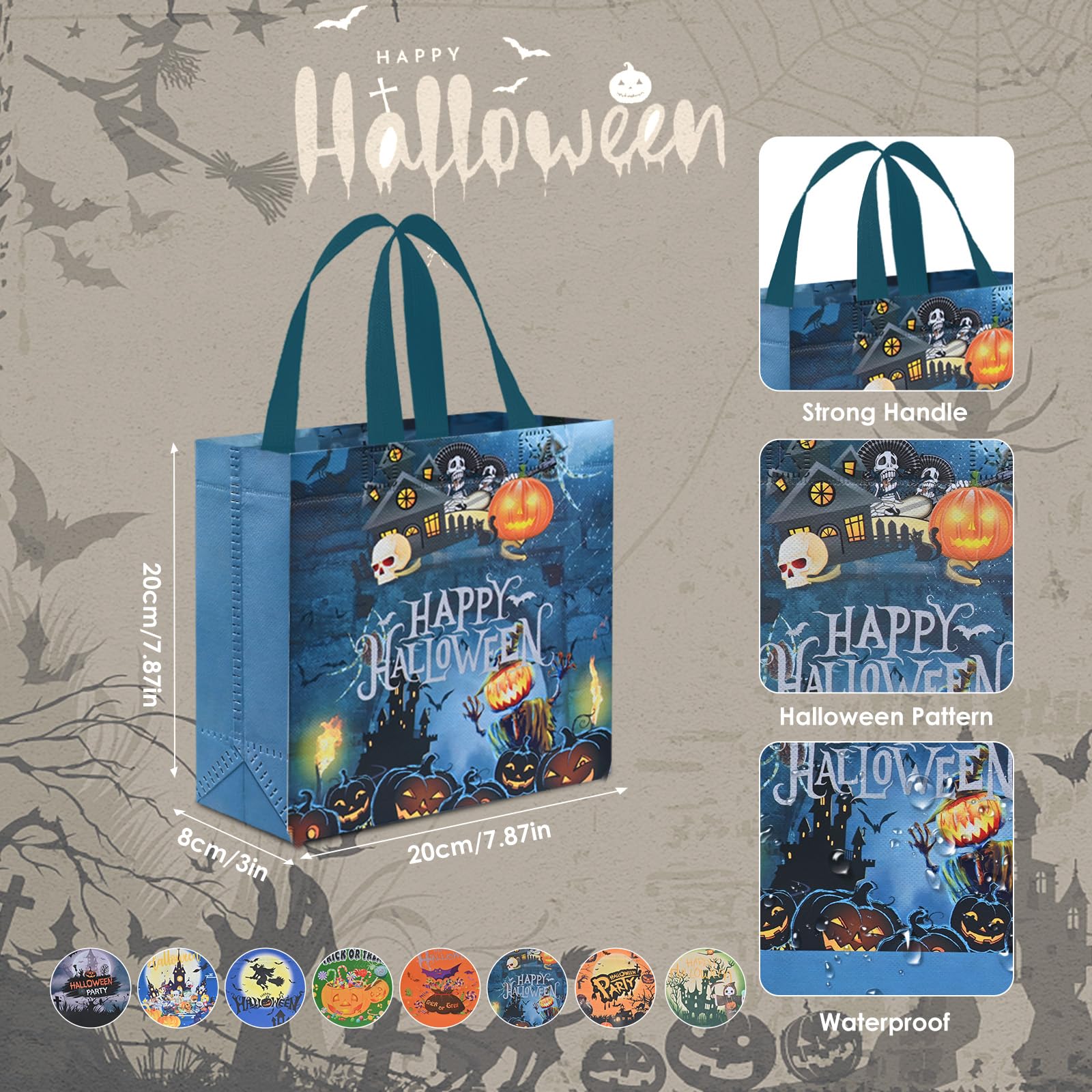 AhfuLife 8 Pack Halloween Trick or Treat Bags - Reusable Non-Woven Candy Tote Bags with Handles for Kids Party Favors & Halloween Supplies (7.8x7.8x3.1 Inches) - Perfect for Trick-or-Treating, Classroom Parties & Halloween Goodie Bags