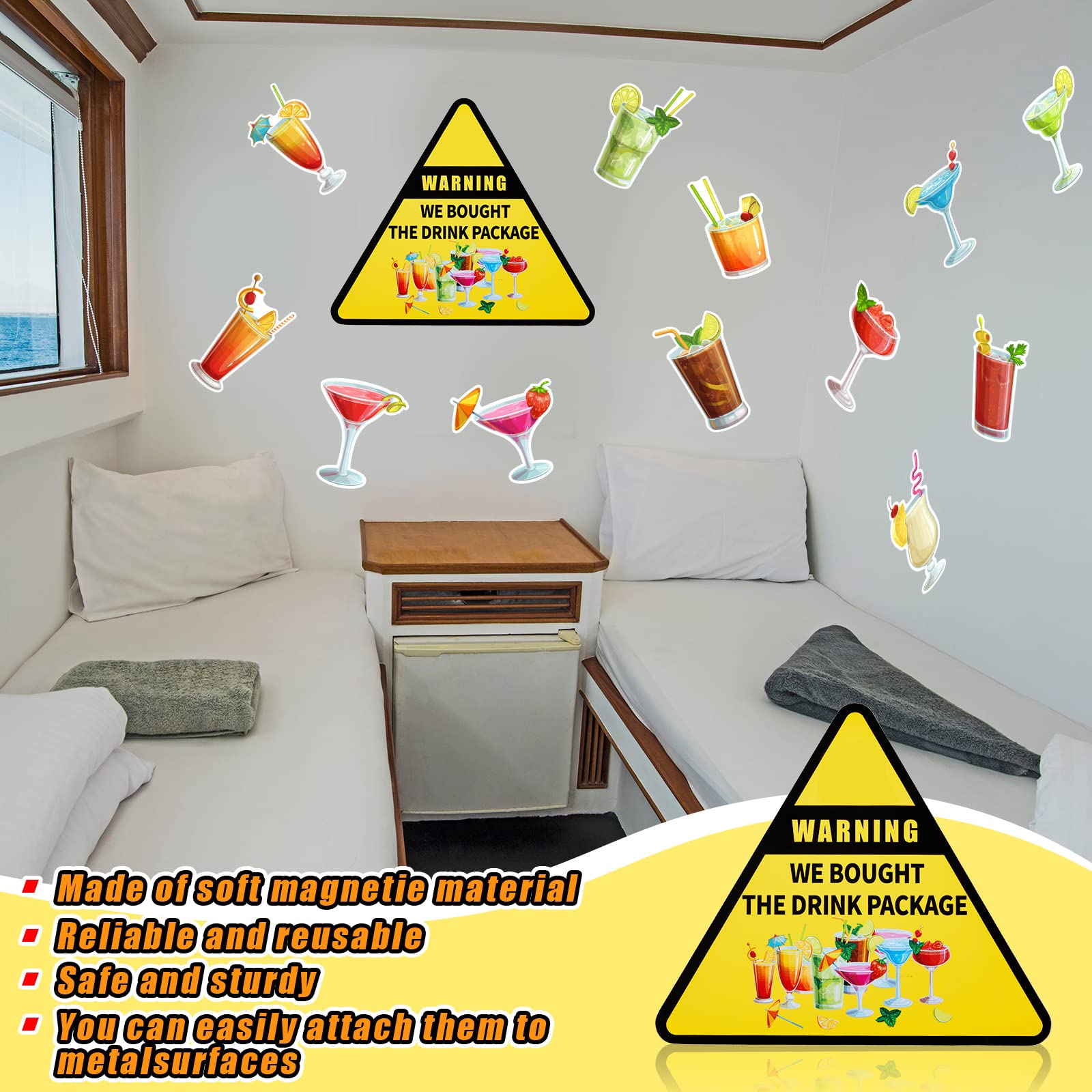 13 Pcs Tropical Drink Cruise Door Magnets - Personalized Funny Magnetic Decor for Carnival, Birthday & Cruise Ships (Warning Cocktail Design) - Perfect for Summer Parties, Themed Events & Cabin Decorations