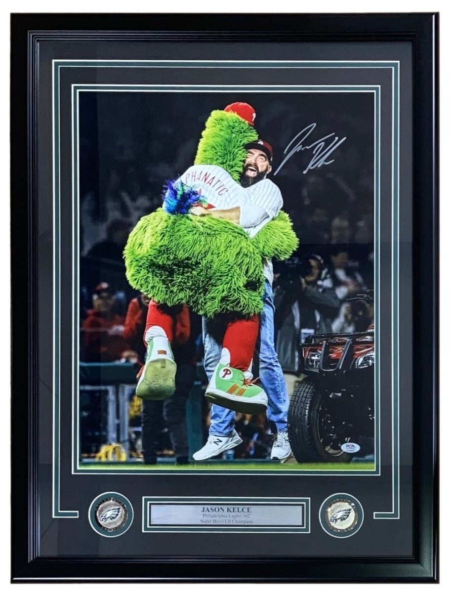 Jason Kelce Autographed Framed 16x20 Philadelphia Eagles Photo with Phanatic Hug - PSA Certified ITP Hologram - Perfect for Eagles Fans, Sports Memorabilia Collectors & Man Cave Decor