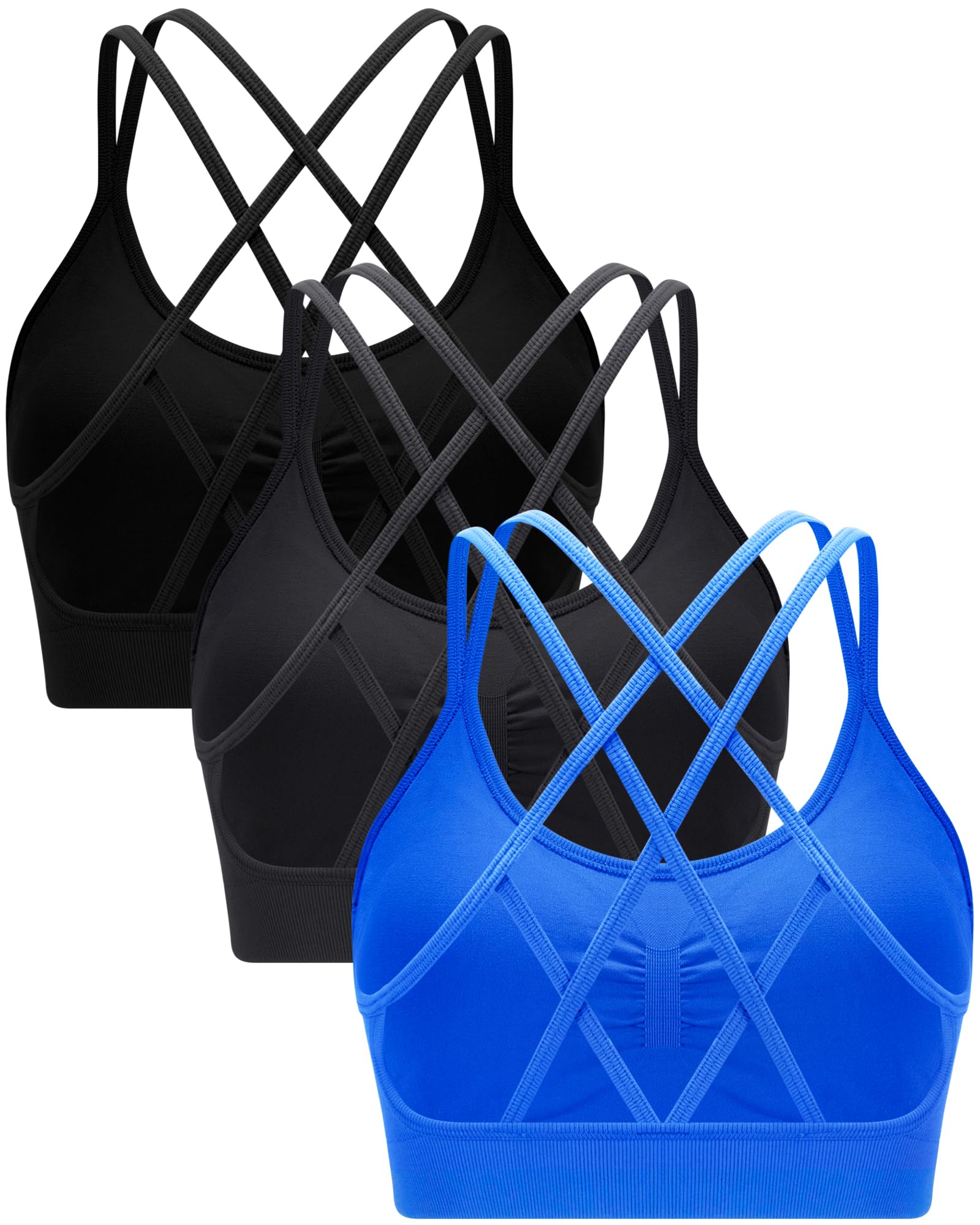 RUNNING GIRL Women's Criss Cross Back Sports Bras 3-Pack - Seamless Padded Yoga Bra with Removable Cups - Sexy Strappy Workout Top for Running, Gym & Yoga