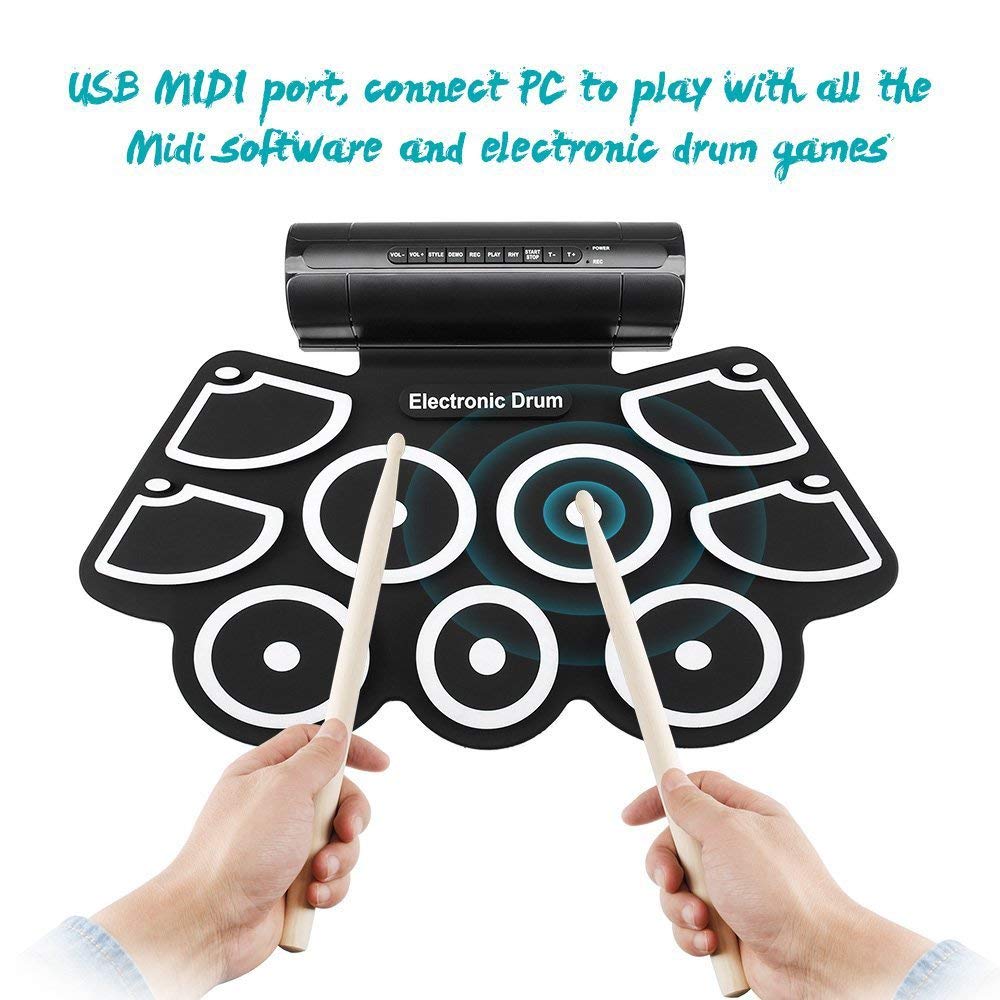 **Thick Silicone Hand Roll Drums - USB Electronic Drum Kit with Built-in Speaker & Battery, Drum Sticks & Foot Pedals - Perfect for Jazz, Practice, Kids & Beginners (Ideal for Home, Studio & Live Performances)**