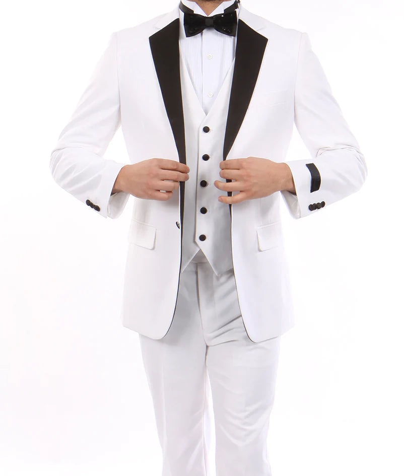 Solid White Modern Fit Tuxedo 3-Piece Suit with Black Lapel & 6-Button Vest | Formal Wedding, Prom, Black Tie Event Attire
