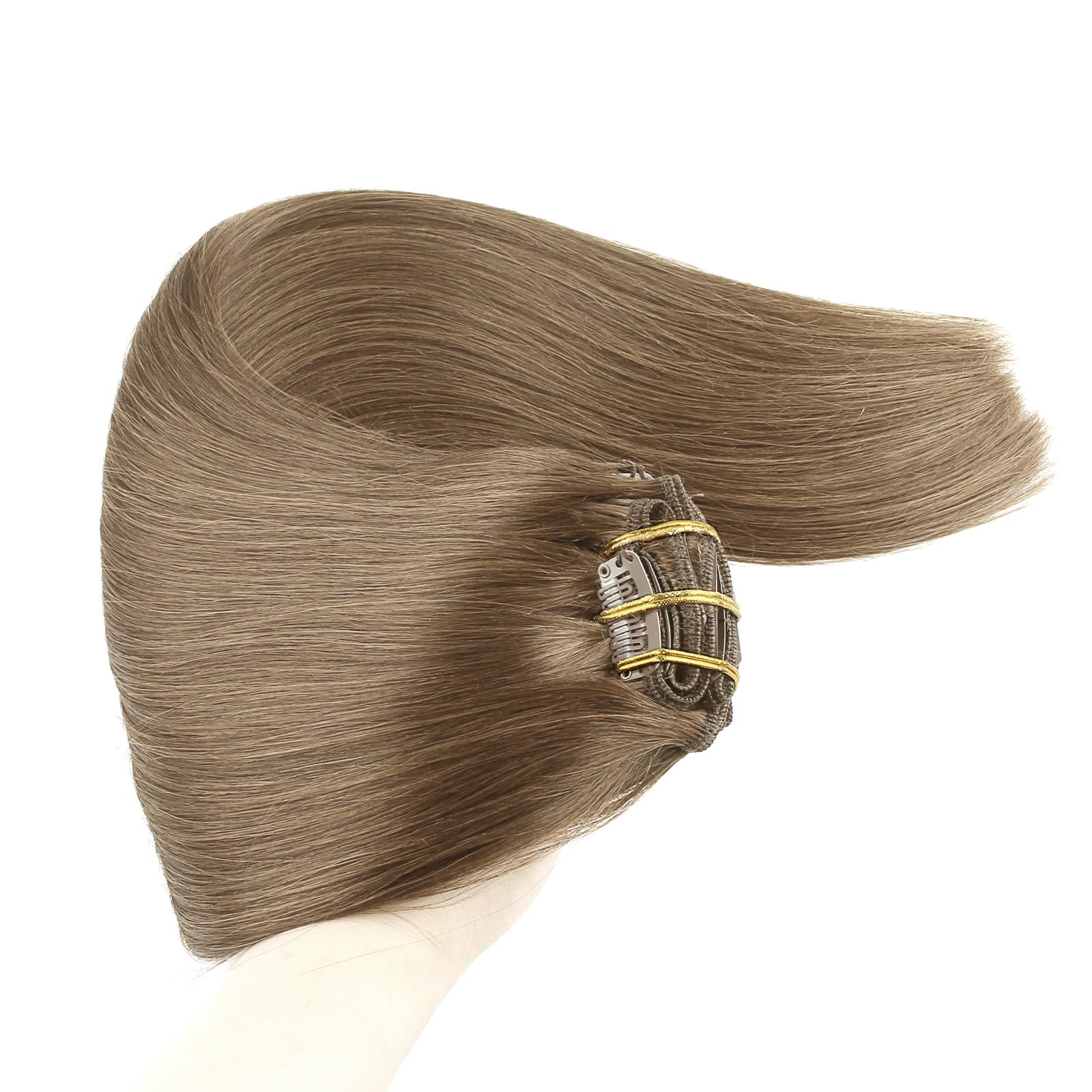 SixStarHair Ash Brown Clip-In Hair Extensions - 20 Inch Remy Human Hair Wefts (180g, 10 Pieces) with 21 Clips - Cool Tone Color 8 - Perfect for Parties, Weddings & Daily Styling