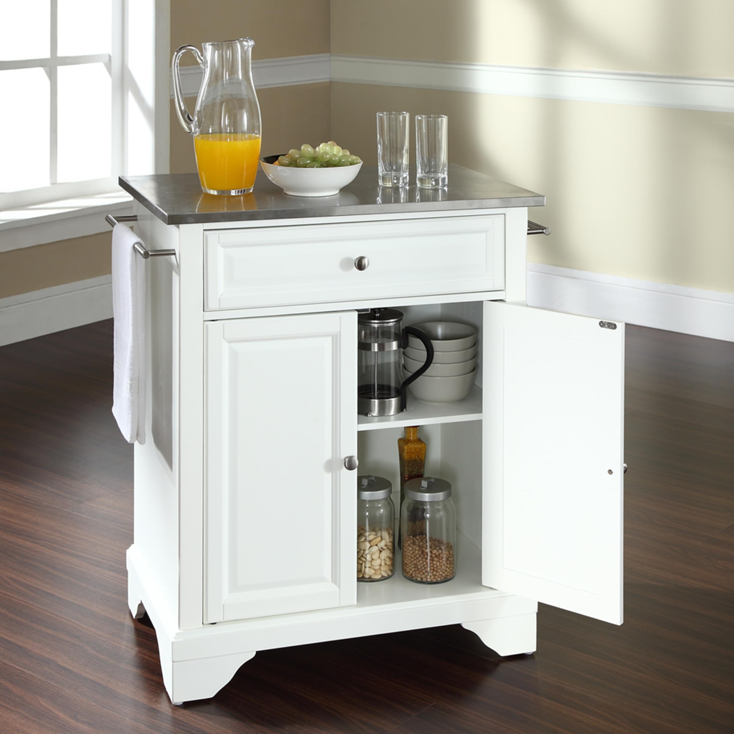 Crosley LaFayette Stainless Steel Top Rolling Kitchen Island Cart with Storage - White | Microwave Stand, Small Kitchen Organizer for Apartments & Compact Spaces