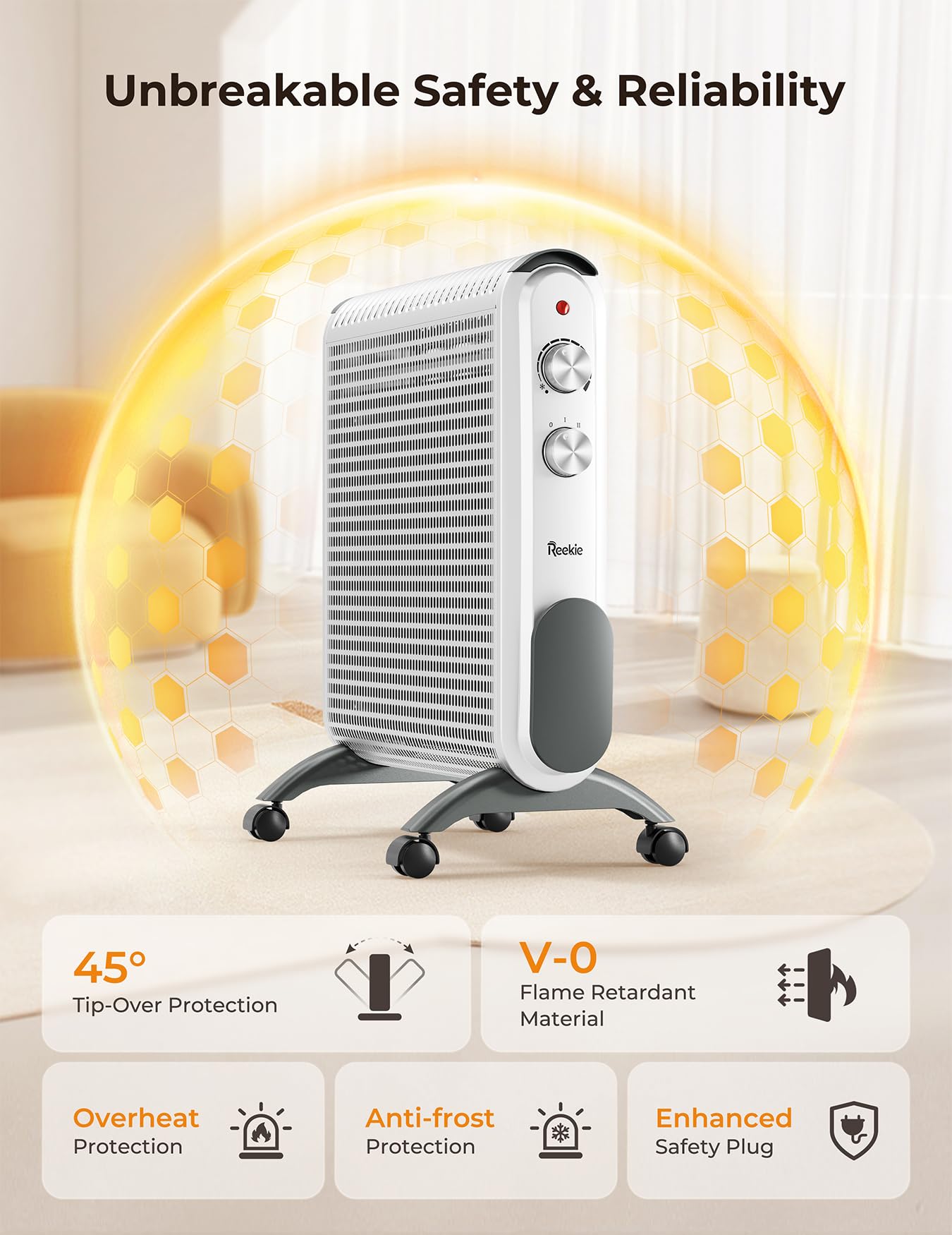 Reekie 1500W Electric Space Heater for Large Rooms - Fast Heating Mica Panel Heater with Thermostat, Quiet & Safe Indoor Heater for Bedroom, Office, Garage - Portable Convection Heater (White) - Perfect for Winter Warmth & Energy Efficient Home Heating