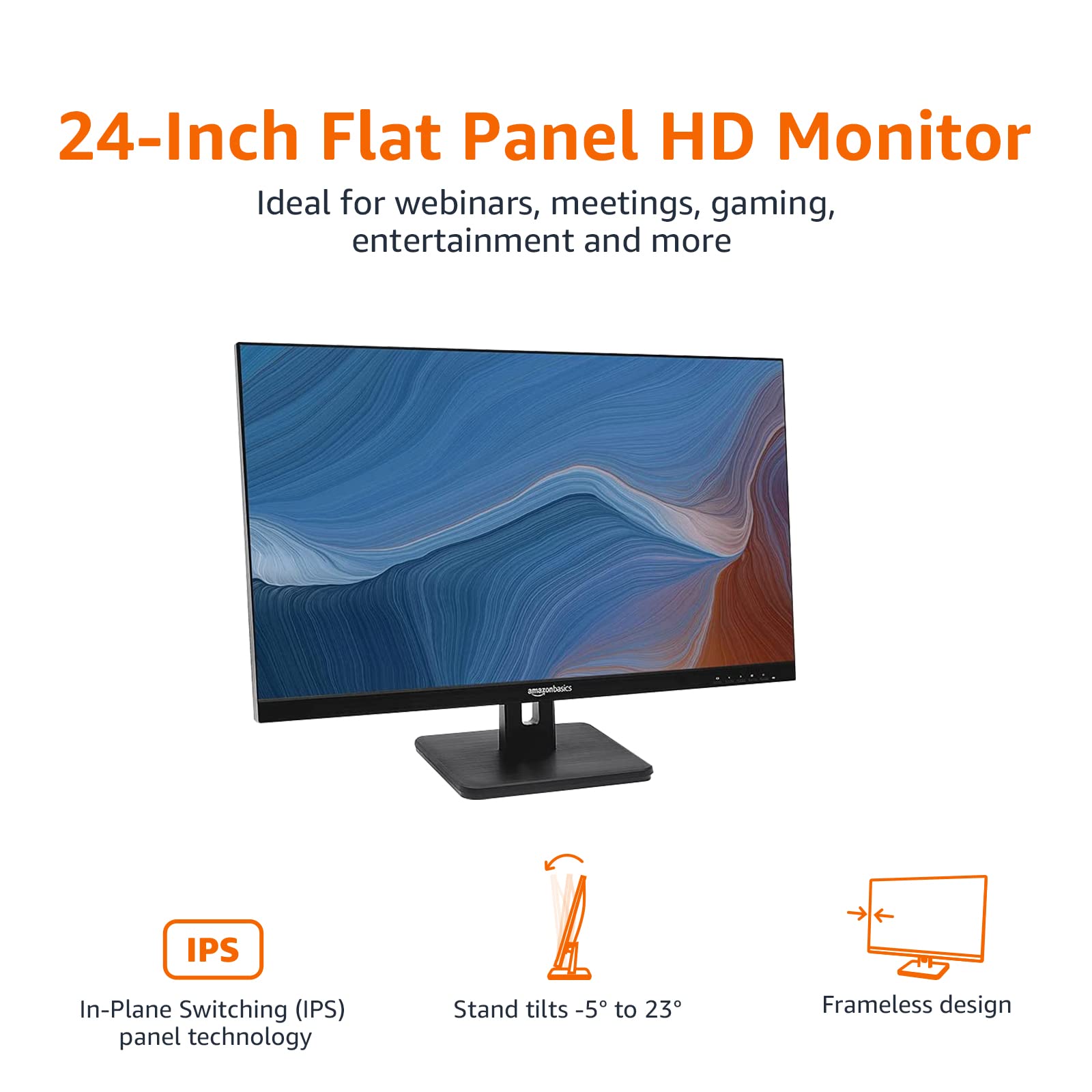 Amazon Basics 24-inch IPS Monitor - 75Hz Refresh Rate, FHD 1080P Resolution with AOC Technology, HDMI/DisplayPort/VGA Inputs, VESA Mount Compatible, Built-in Speakers - Ideal for Home Office, Gaming & Entertainment (Black)