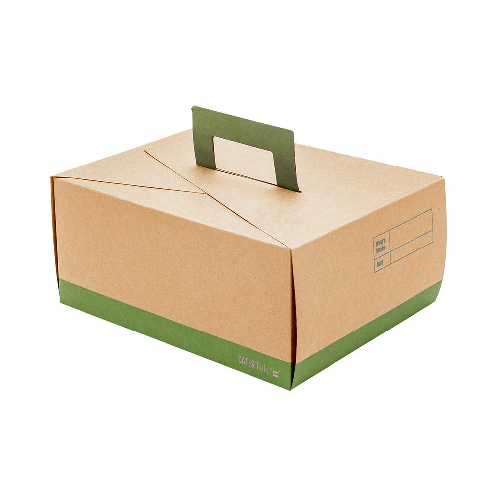Restaurantware Cater Tek 9 x 7 x 3 Inch Eco-Friendly Takeout Food Containers - 100 Pack Grease-Resistant Kraft & Green Paper To-Go Boxes with Handle for Meals, Snacks, Baked Goods | Perfect for Restaurants, Catering, Food Trucks & Picnics