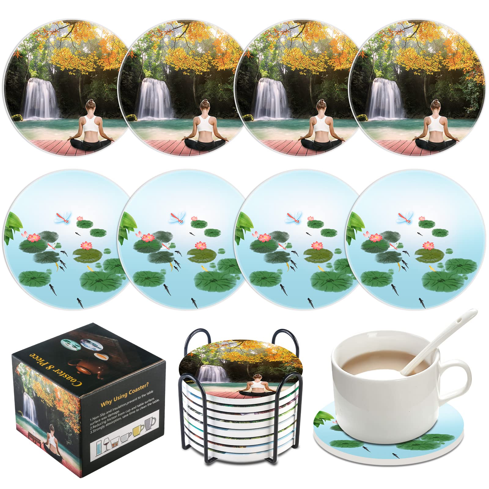 Absorbent Ceramic Drink Coasters Set of 8 - Heat-Resistant Coffee Table Coasters with Holder for Wooden Table Protection - Perfect for Home, Office & Restaurant Use
