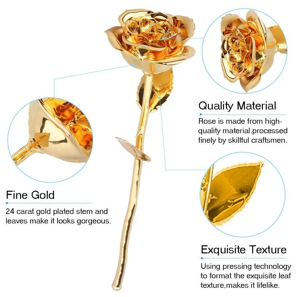 24K Gold Dipped Real Rose Eternal Flower - Luxury Preserved Rose with Stand, Romantic Gift for Wife, Girlfriend, Anniversary, Valentine's Day - Perfect for Weddings, Proposals, and Special Occasions (Gold)