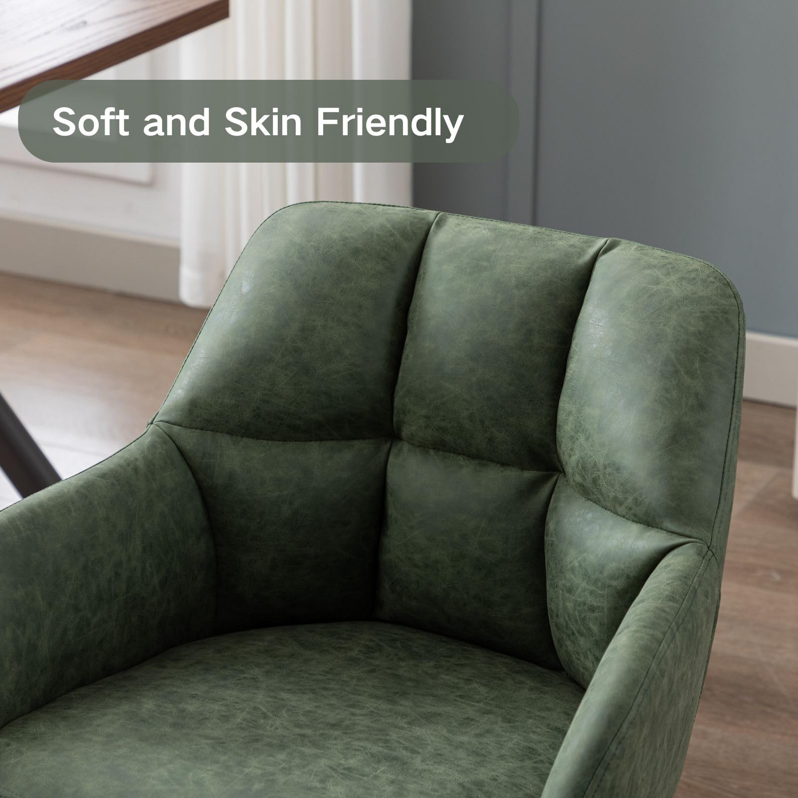 Ergonomic Home Office Chair with Arms - PU Leather Upholstered Swivel Desk Chair Without Wheels - Comfortable Computer Chair for Small Spaces, Bedroom & Workspace - Green Accent Chair (Perfect for Remote Work, Gaming & Study Sessions)