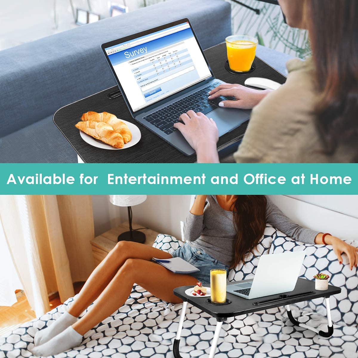 Portable Adjustable Laptop Desk Stand - Foldable Bed Tray Table with Cup Holder for Notebook, Breakfast, Reading & Watching Movies - Perfect for Home Office, Dorm Room, Sofa & Bed Use (Black)