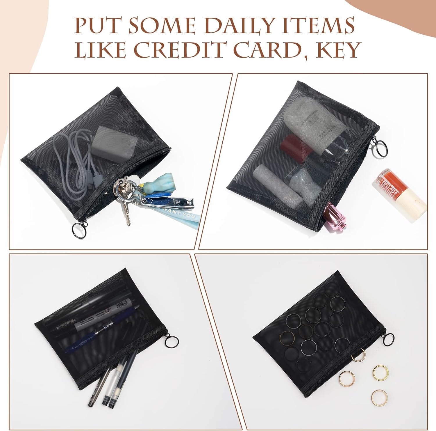 NEOUTH Mini Toiletry Bag Set - 4 Pack Black Zippered Mesh Cosmetic Organizer for Travel, Makeup & Beauty Accessories Storage - Perfect for Gym, Vacation & Daily Essentials Organization