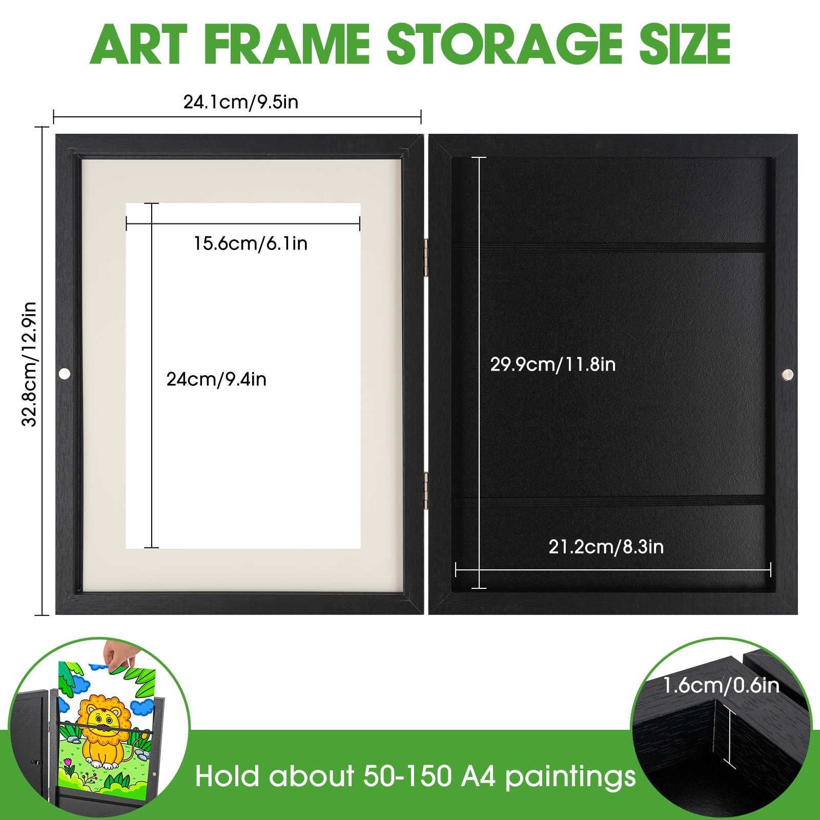 AIOR Kids Art Frame - 8.5 x 11 Front Opening Picture Frame for Children's Artwork | Holds 150 A4 Drawings & Projects | Changeable Display with Stand | Perfect for Classroom Decor, Home Gallery & Gift (Black)