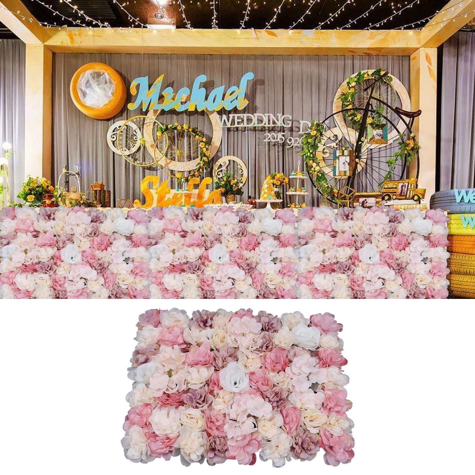 12 Pcs Artificial Silk Flower Wall Panels - Romantic Floral Backdrop for Wedding Venue, Photo Booth, Party Decor, Home & Event Decoration - Hanging Flower Wall for Background & Main Road Display