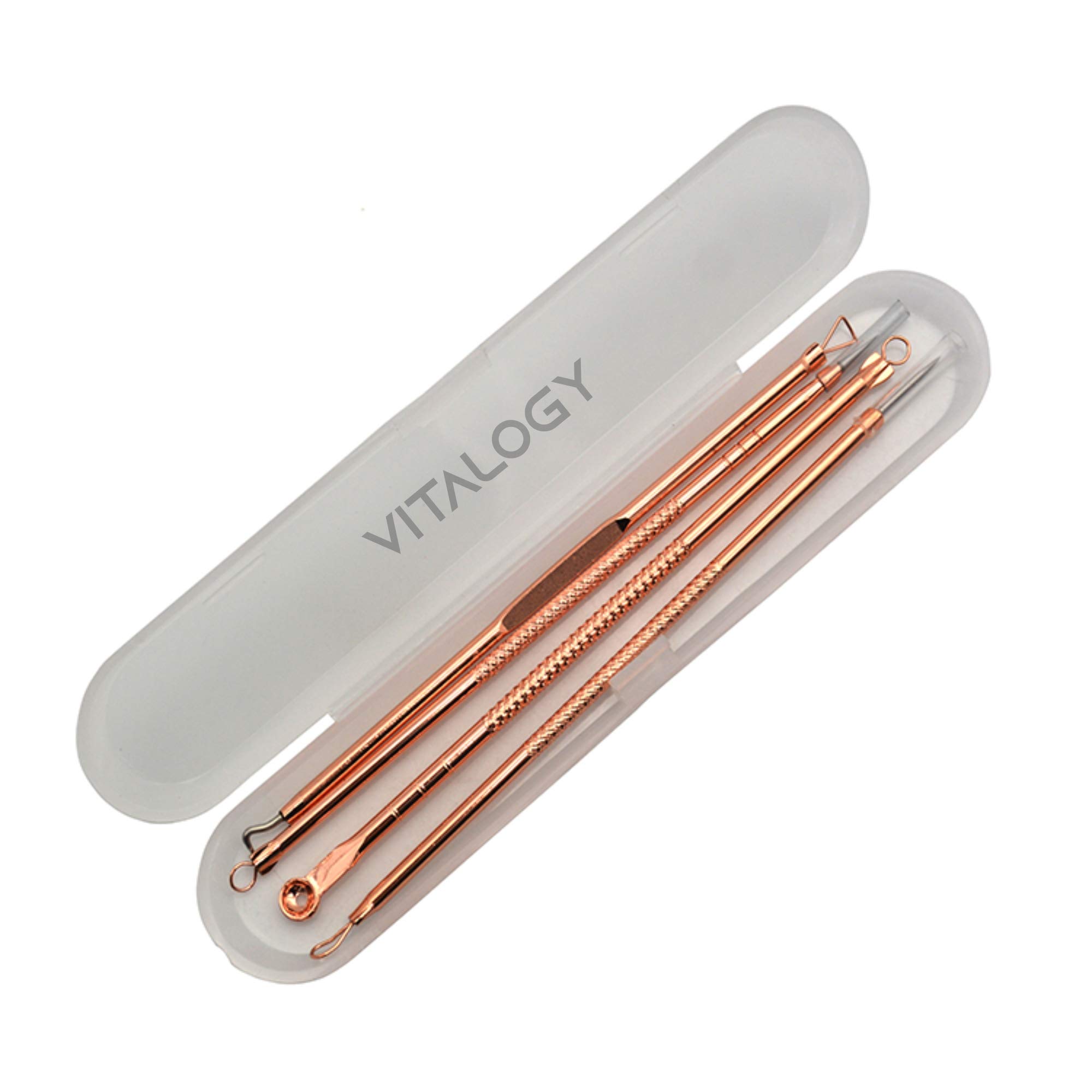 Vitalogy 4-in-1 Blackhead Remover Kit - Professional Acne & Pimple Extractor Tool for Nose & Face - Includes Blackhead & Whitehead Removal Tools, Tweezers & Travel Case (Rose Gold) - Perfect for Travel & At-Home Skincare Routine