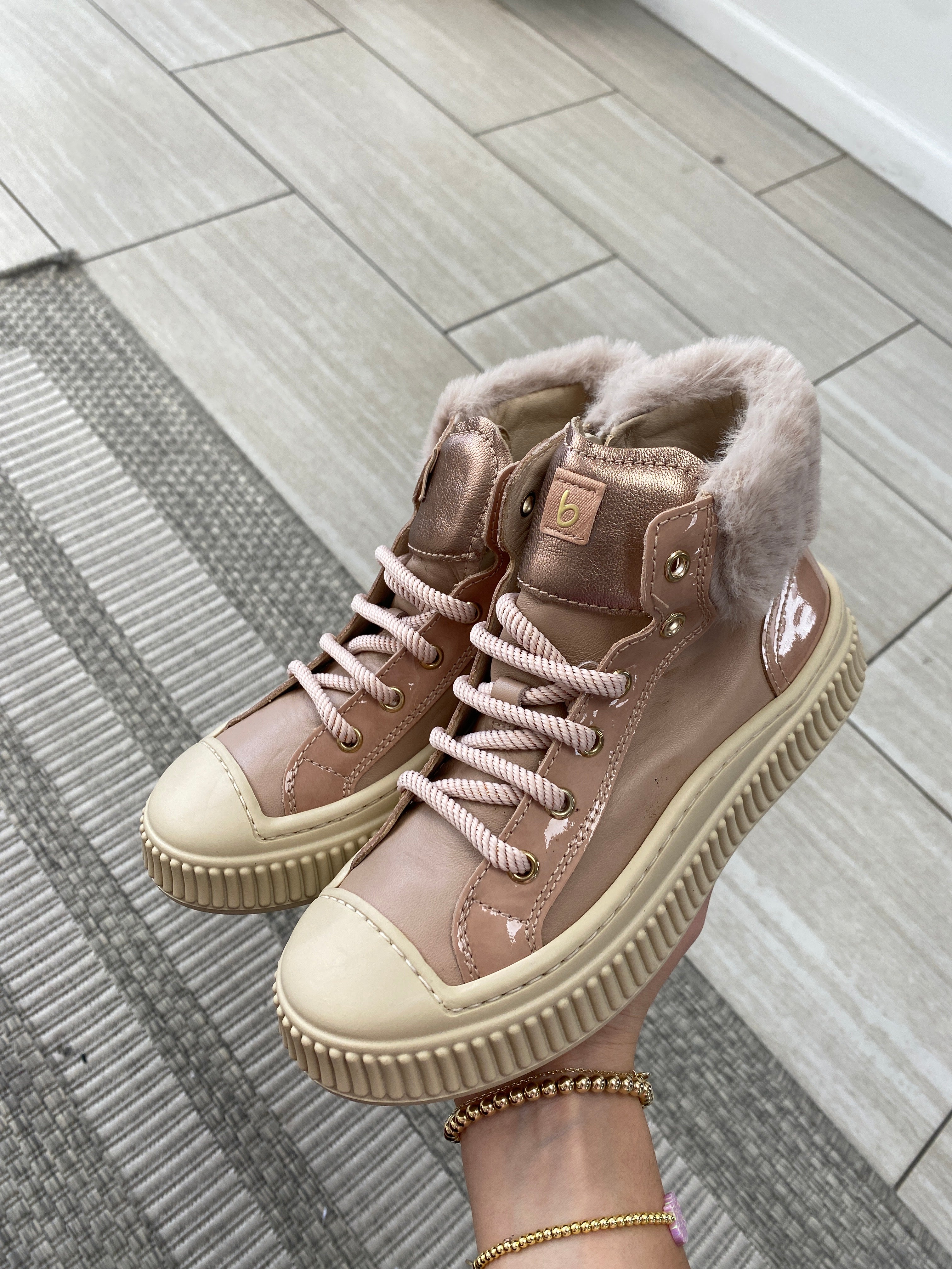Beberlis Women's Nude Patent Leather Fur-Trimmed High Top Sneakers - Fashionable Winter Boots for Casual Outfits & Street Style