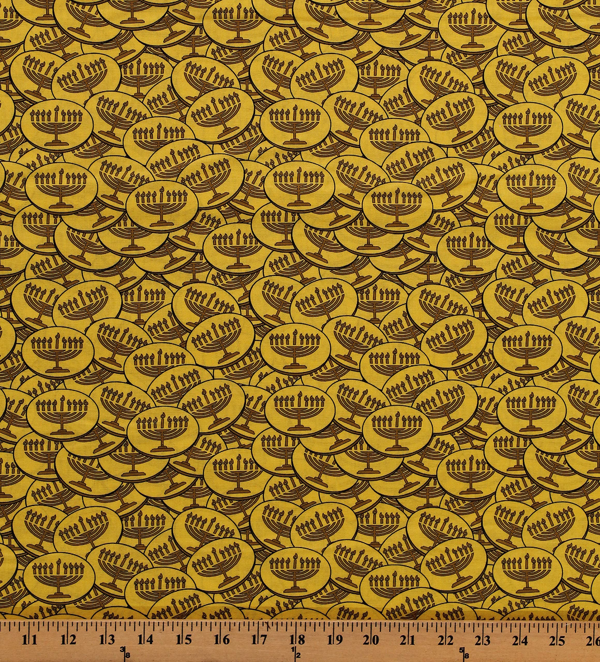 Premium Cotton Hanukkah Menorah Candelabrum Candles Fabric - Festival of Lights Holiday Decor Yellow Cotton Print by The Yard (D586.55) - Perfect for DIY Jewish Holiday Decorations, Table Runners & Home Textile Crafts
