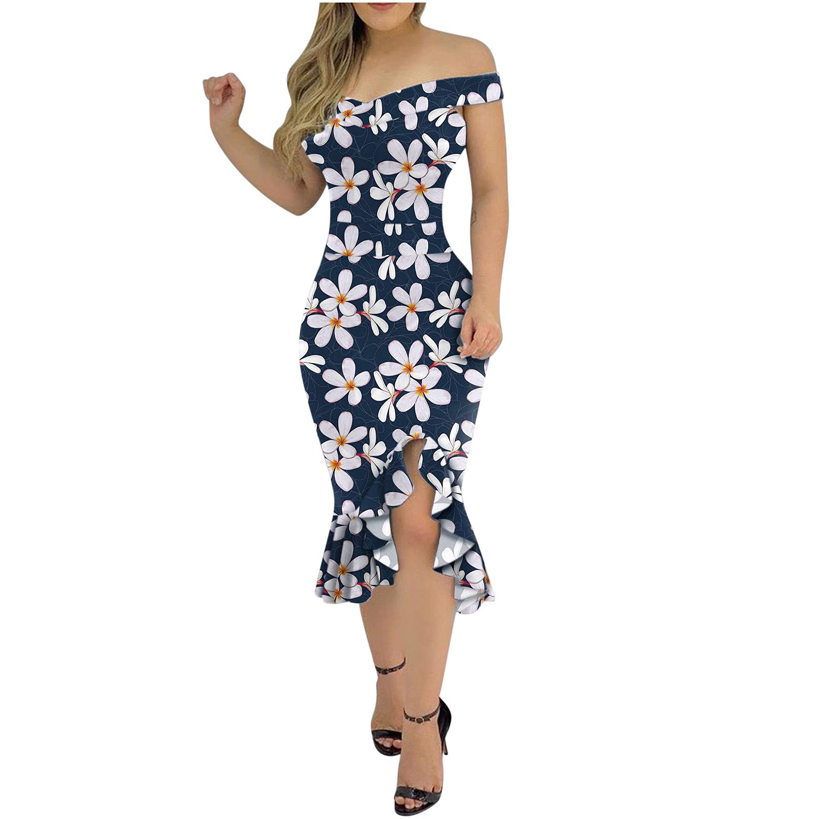 Floral Off Shoulder Bodycon Dress for Women - Summer Ruffle Tunic Cocktail Party & Beach Midi Dress | Perfect for Date Nights, Vacations & Outdoor Events