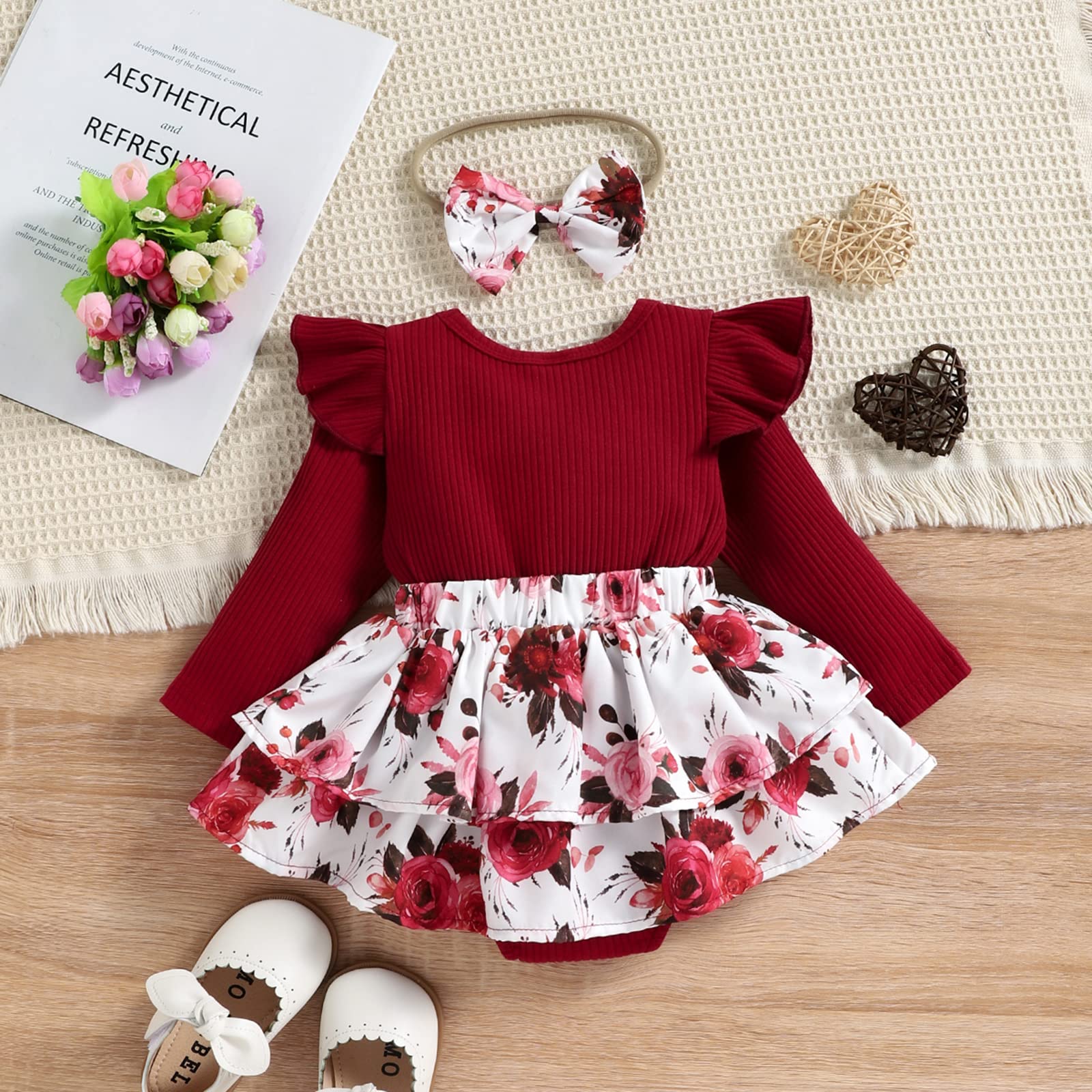 Christmas Baby Girl Clothes - Long Sleeve Floral Romper Dress & Bodysuit Outfit for Infant Girls | Fall & Holiday Season Playwear