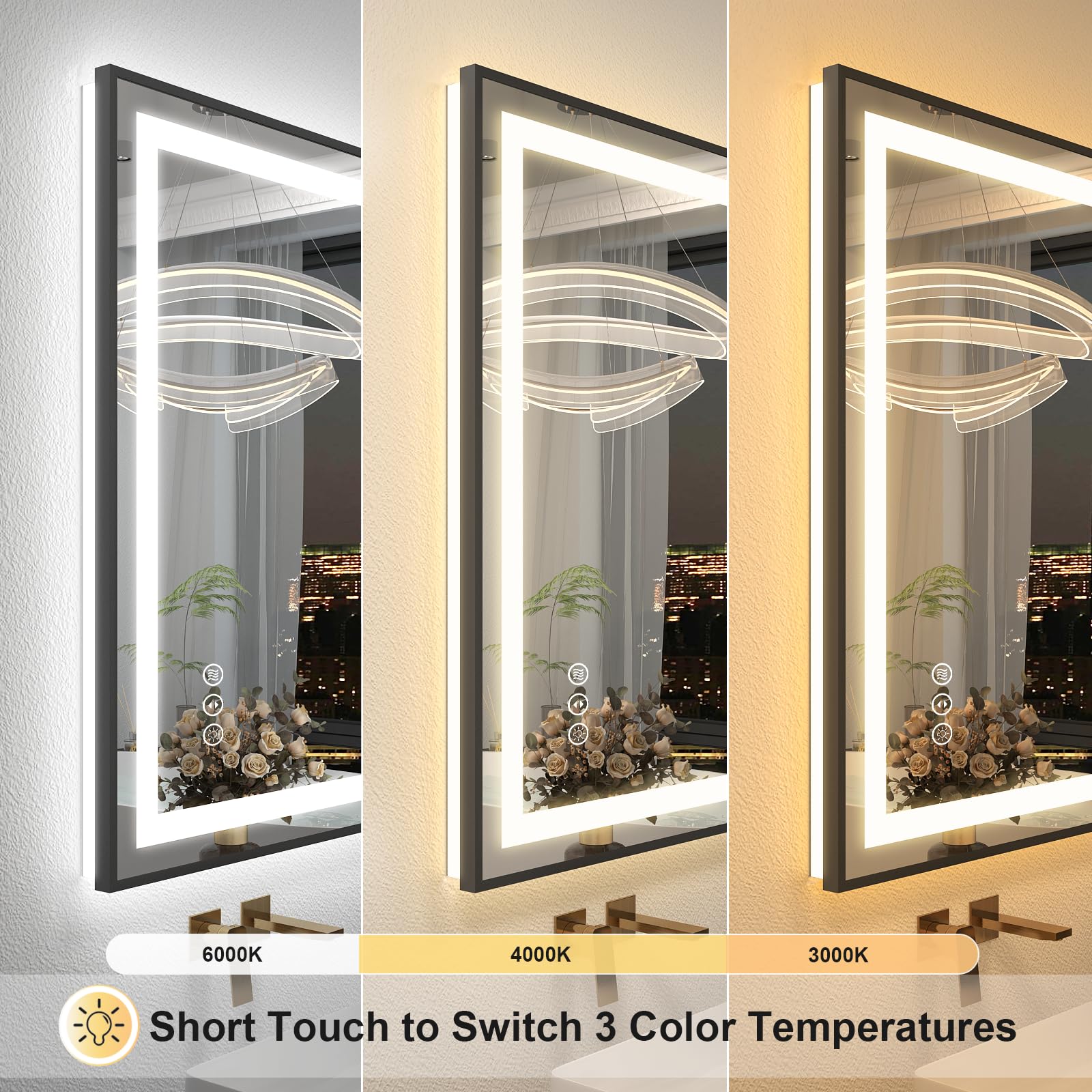OKPAL 24x30 Inch LED Bathroom Mirror with Black Frame - Dimmable Anti-Fog Vanity Mirror with Front & Back Lighting, Memory Function, Shatterproof Design (ETL Certified) - Perfect for Modern Bathrooms, Makeup Application, and Spa-Like Relaxation