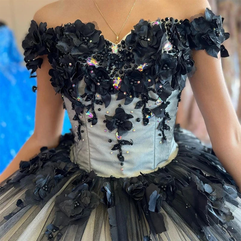 2025 Elegant Black Quinceanera Dress with Crystal Beading & 3D Floral Appliques - Ball Gown for Sweet 15 Birthday Party, Prom, Formal Events & Special Occasions