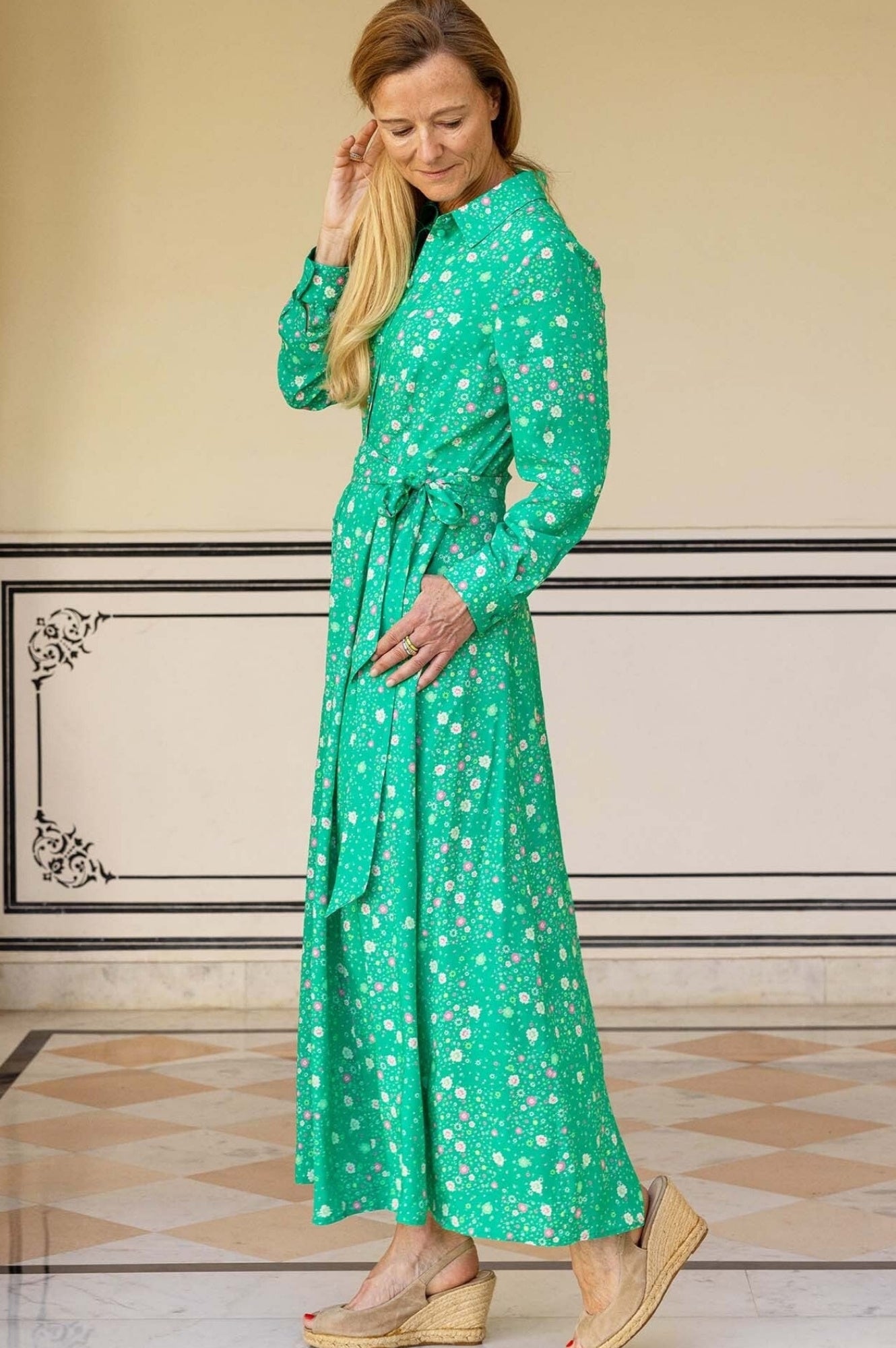 Eliza EcoVero™ Shirt Dress - Sustainable Patchwork Green Floral Print Women's Casual Dress | Perfect for Spring Outfits, Office Wear & Weekend Brunch
